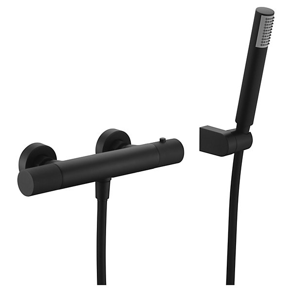 Mitigeur douche thermostatique noir mat en laiton et zamac avec support ABS