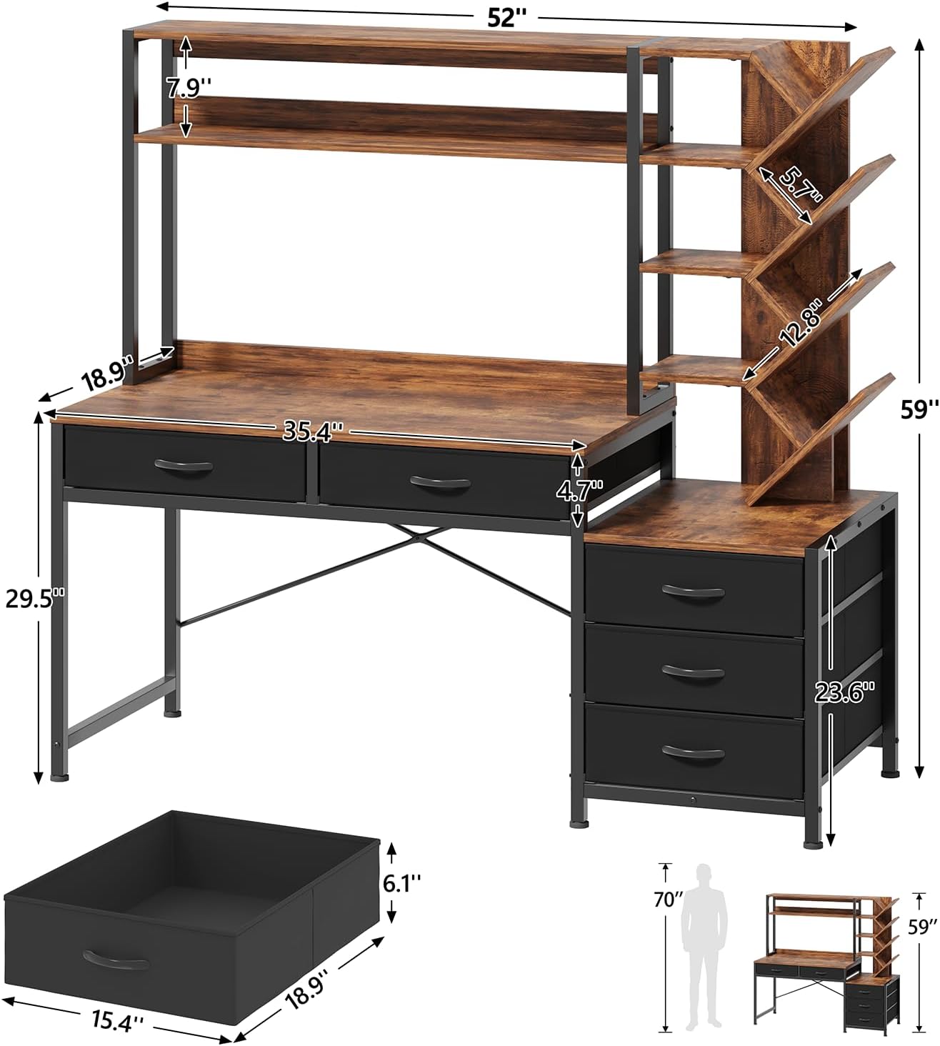YOMILUVE Reversible Computer Desk with Hutch, Home Office Desk with 5 Drawers and Bookshelf, 52'' Study Writing Desk with Storage Shelves for Bedroom Home Office, Rustic Brown