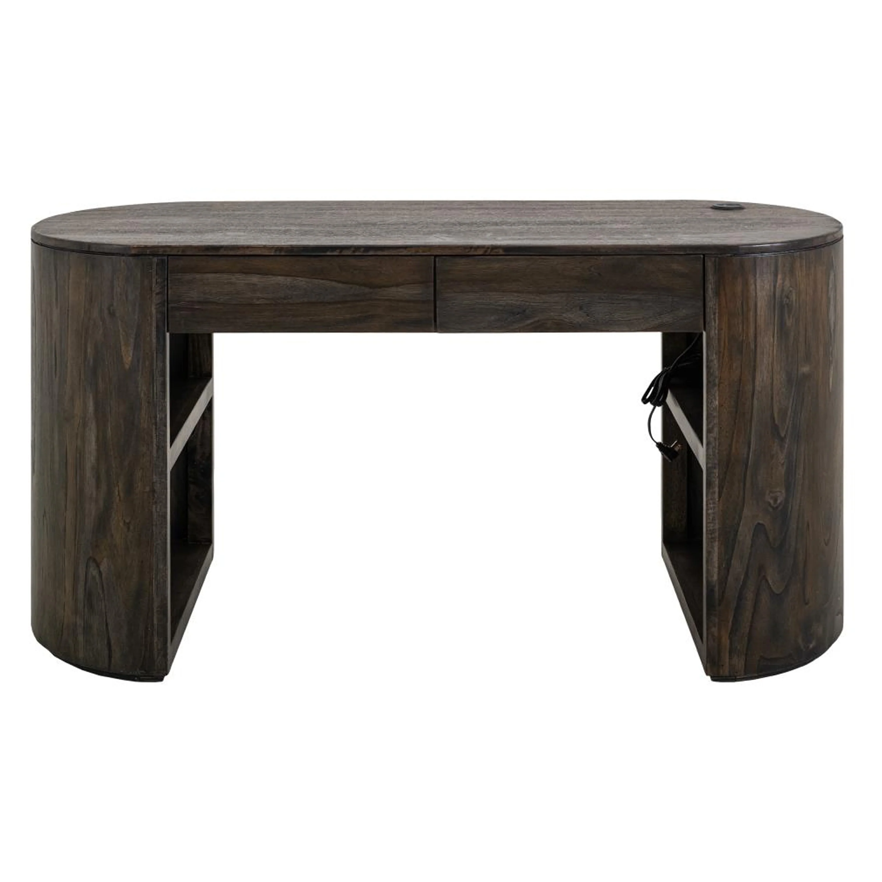 Eray Writing Desk, 2 Drawers, USB Ports, Teak, Black Wood 60 Inch