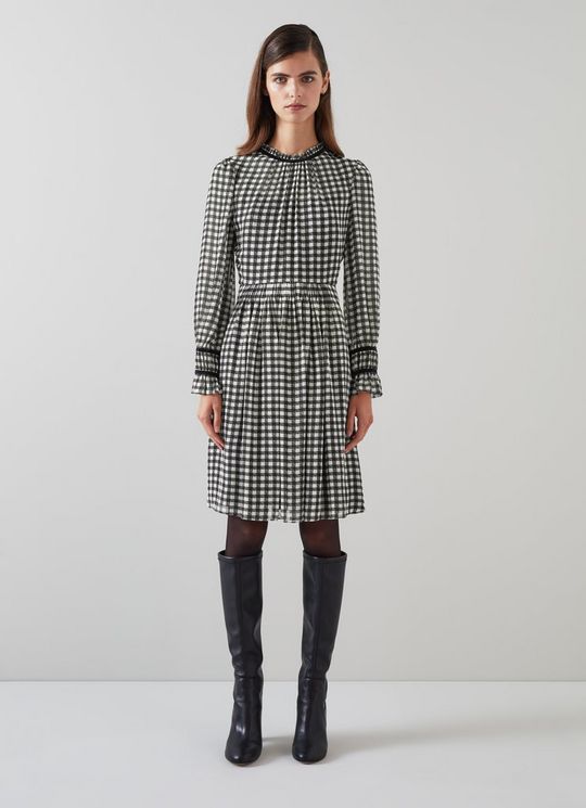 Verity Black & Cream Gingham Printed Dress With Velvet Trim