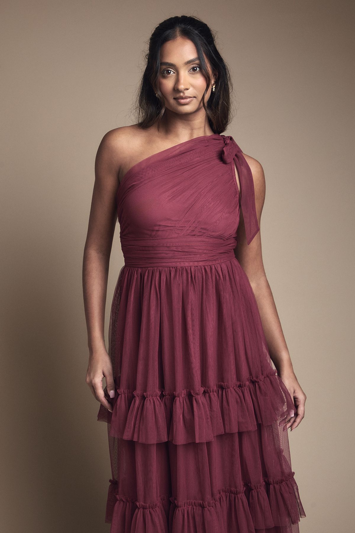 Oasis Pleated Mesh One Shoulder Tiered Maxi Bridesmaid Maxi Dress
