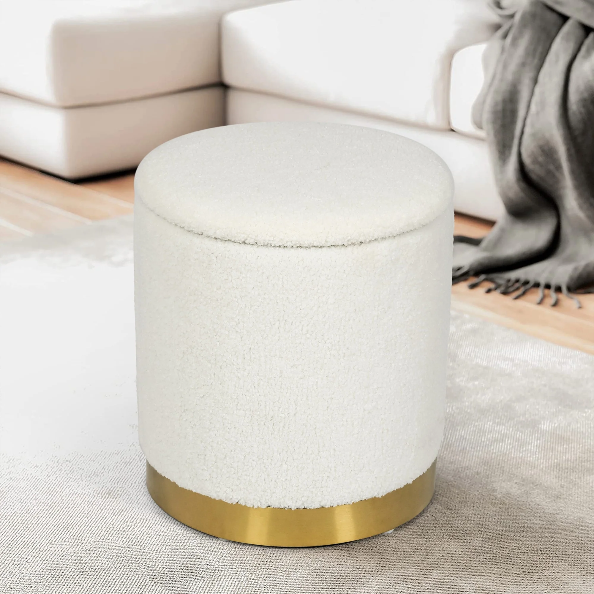 Adeco Velvet Round Storage Stool Gold Plating Base Storage Ottoman
