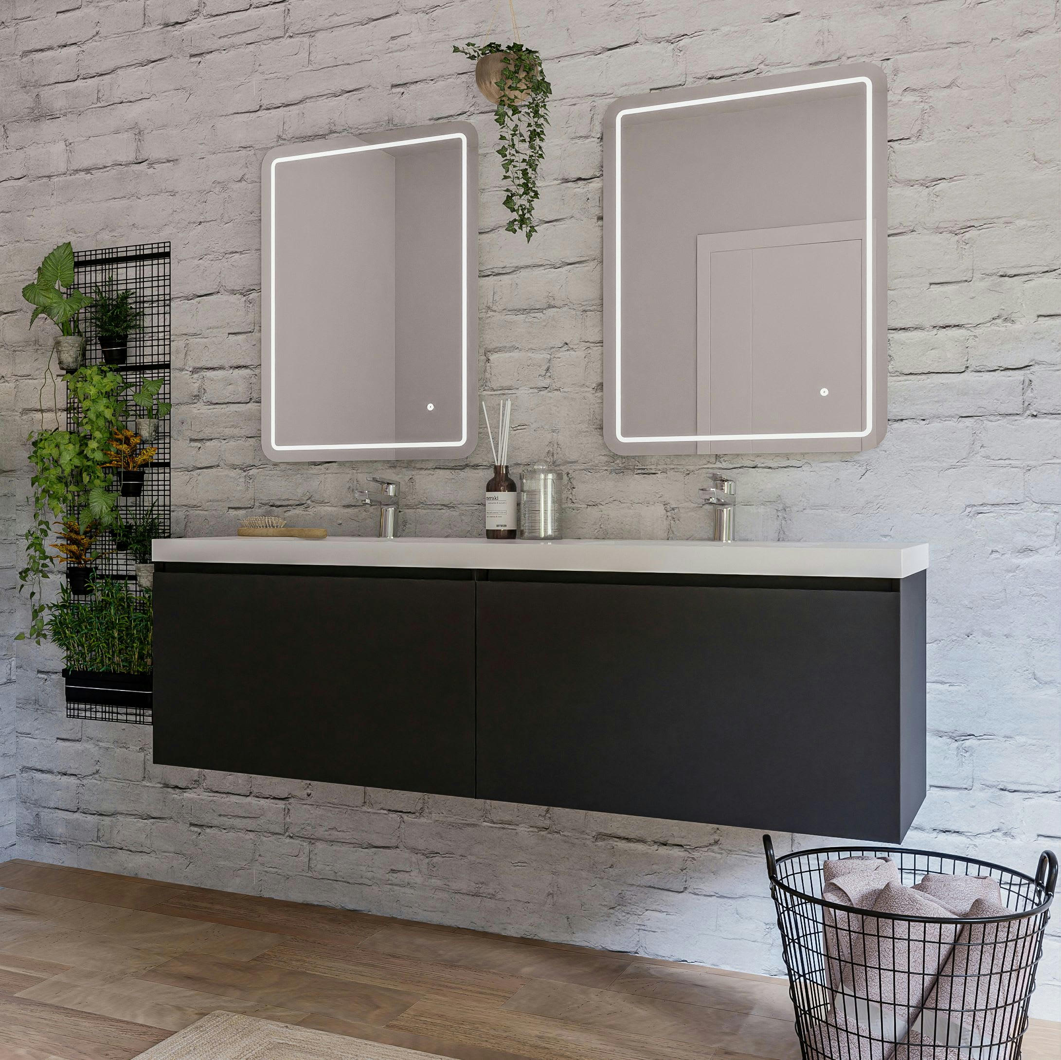 NORDIK - Meuble sous-vasque à suspendre 80cm Noir MDF Laqué Tiroirs