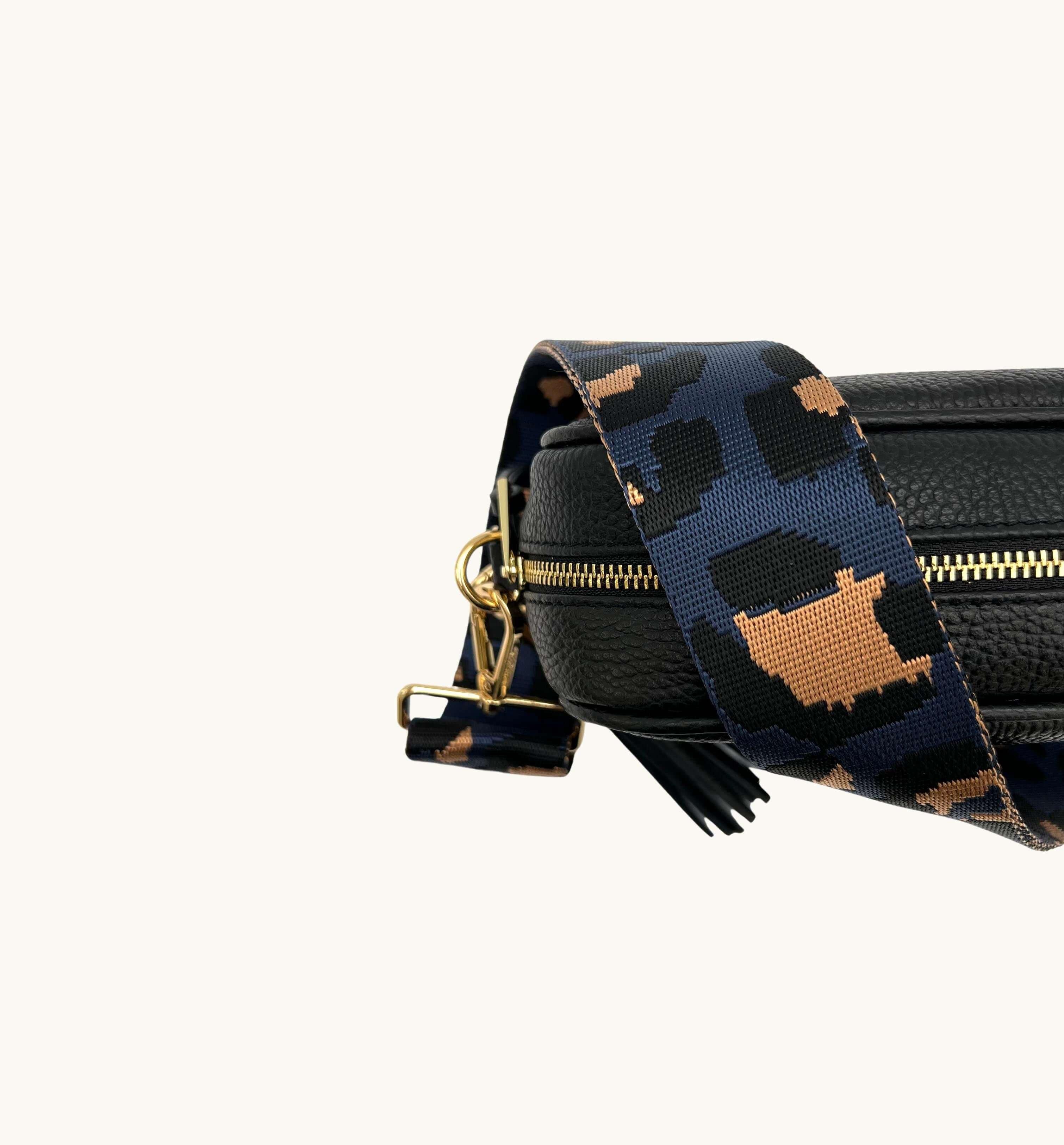 Apatchy London Black Leather Crossbody Bag With Navy Leopard Strap