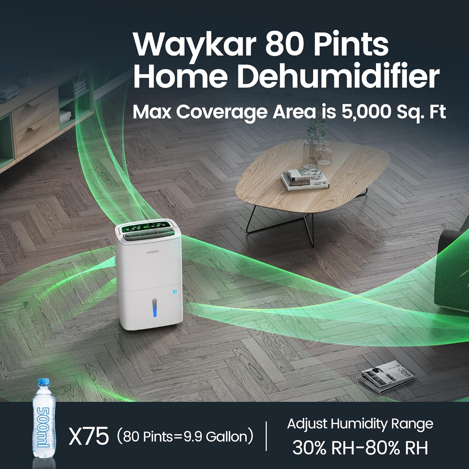 Waykar Max 80 Pint/D(Standard 62Pint/D) Energy Star Home Dehumidifier for Spaces up to 5,000 Sq. Ft, Ideal for Basement, Bathroom and Large Room with Drain Hose, Portable, Auto Defrost and Self-Drying