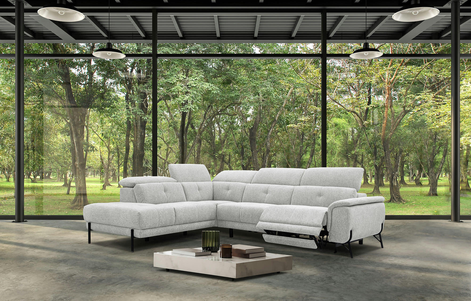 AVENA - Canapé d'angle gauche 5 places avec relax électrique tissu beige clair