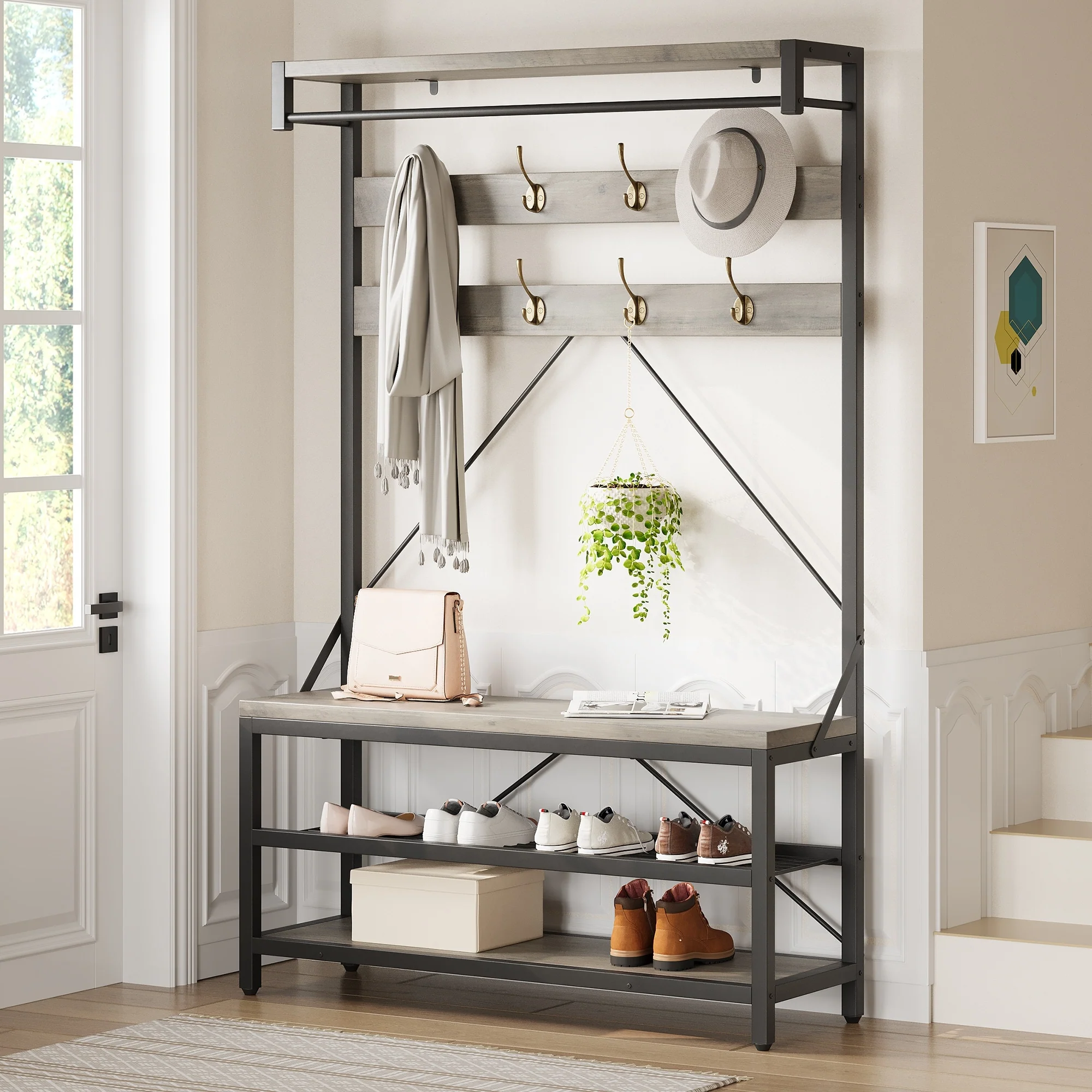 Industrial Storage Shoe Bench, 72 Mudroom Hall Tree with 8 Hanging Hooks