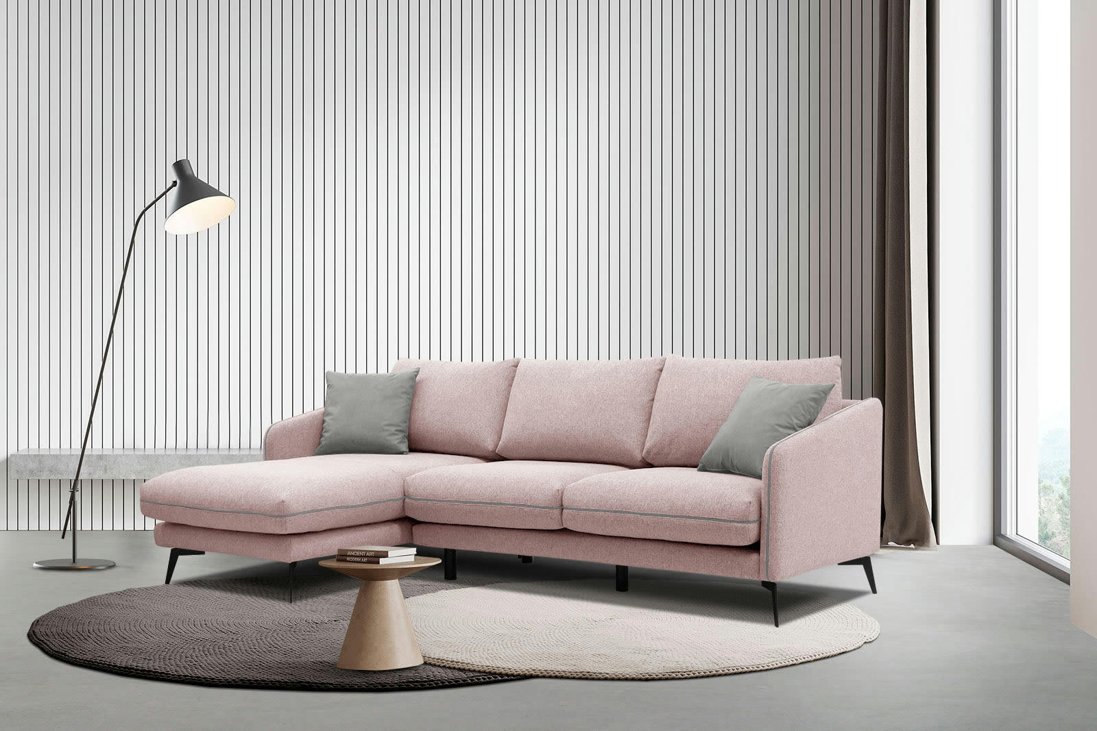 SOGEL - Canapé d'angle gauche 4 places tissu rose clair