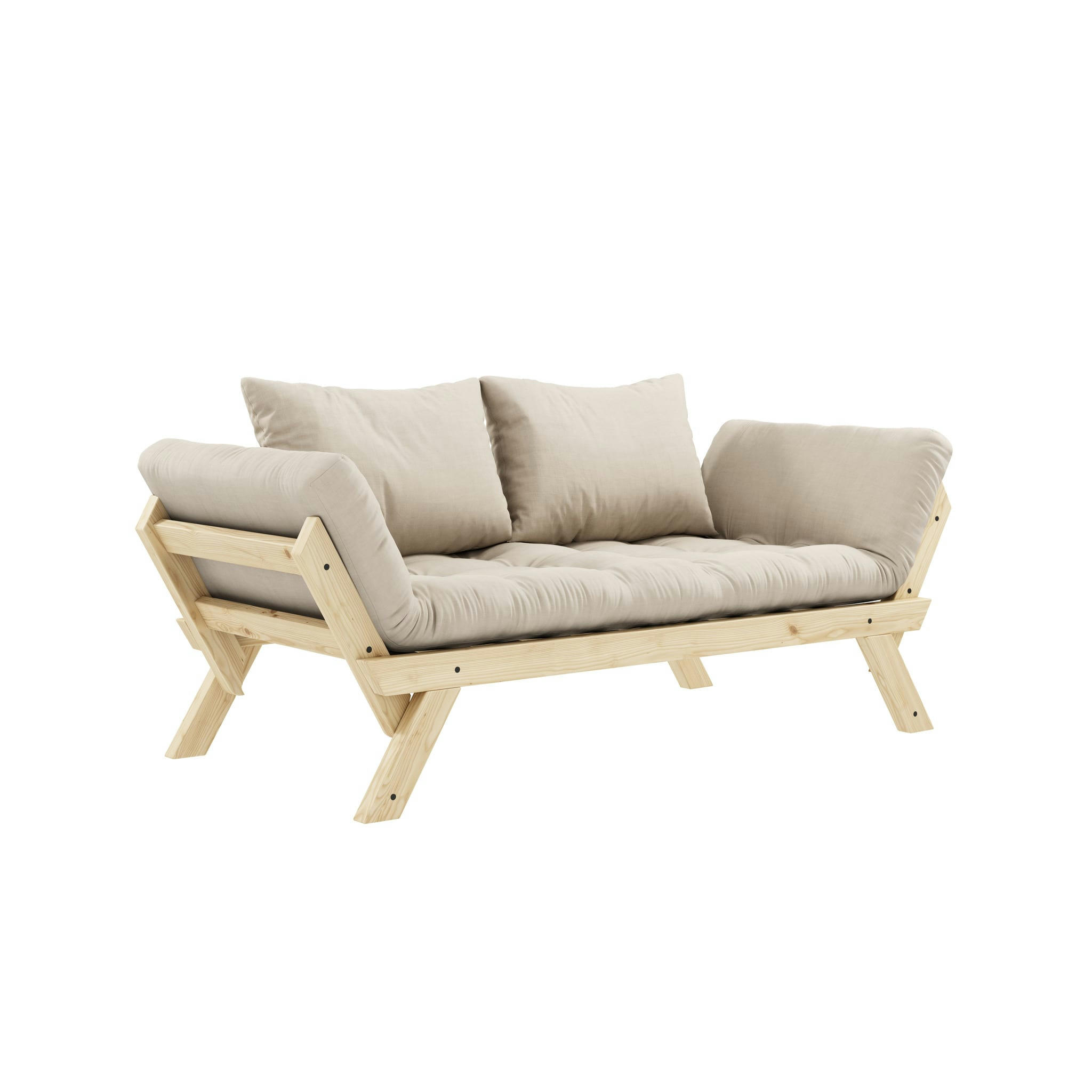 - Banquette futon en pin avec coussins