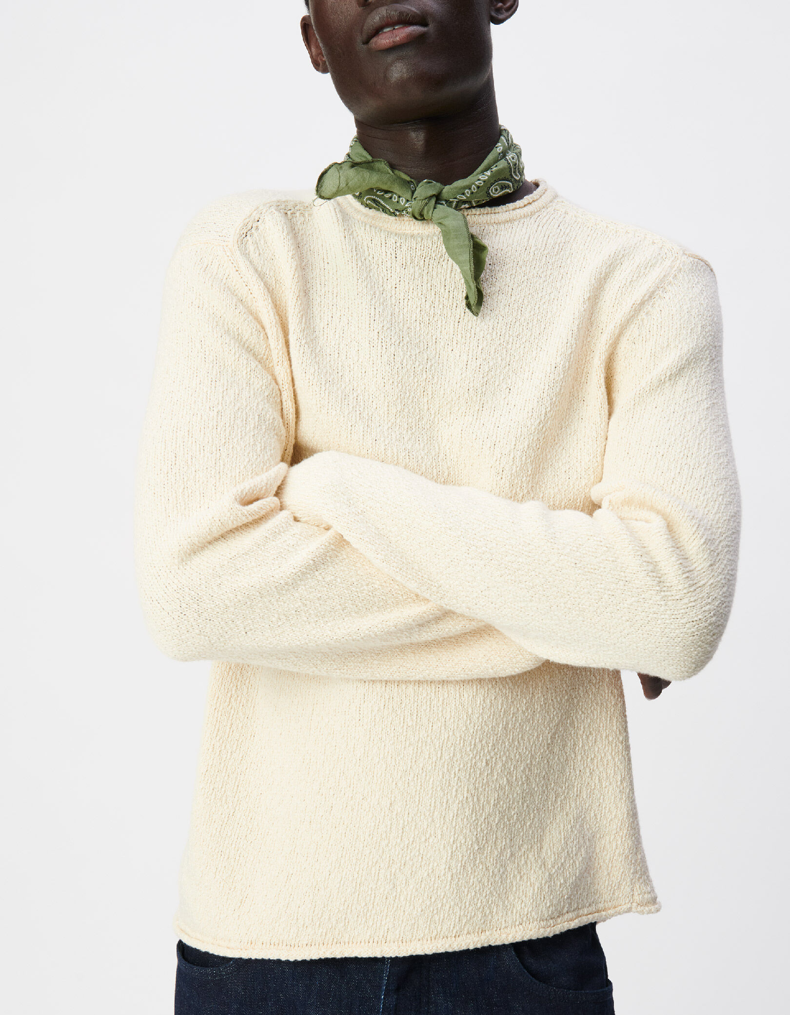 Pull blanc tricot bords roulottés Homme