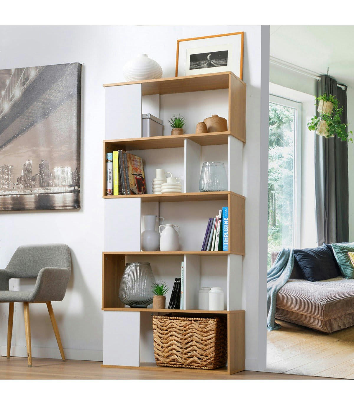 - Bibliothèque blanc et effet bois - H173.5 x L80 cm