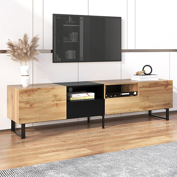Meuble TV Moderne Noir Et Bois - Grand Espace De Rangement Et Construction Robuste