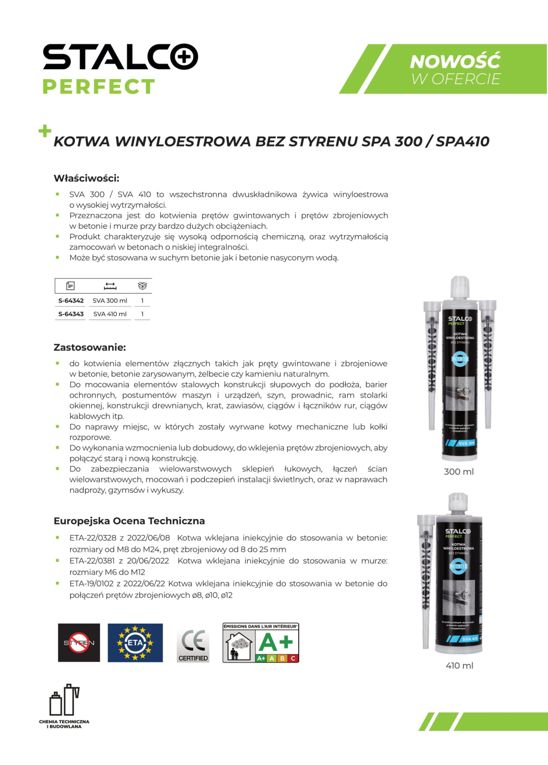 Kotwa winyloestrowa bez styrenu SVA 410 410 ml STALCO PERFECT S-64343