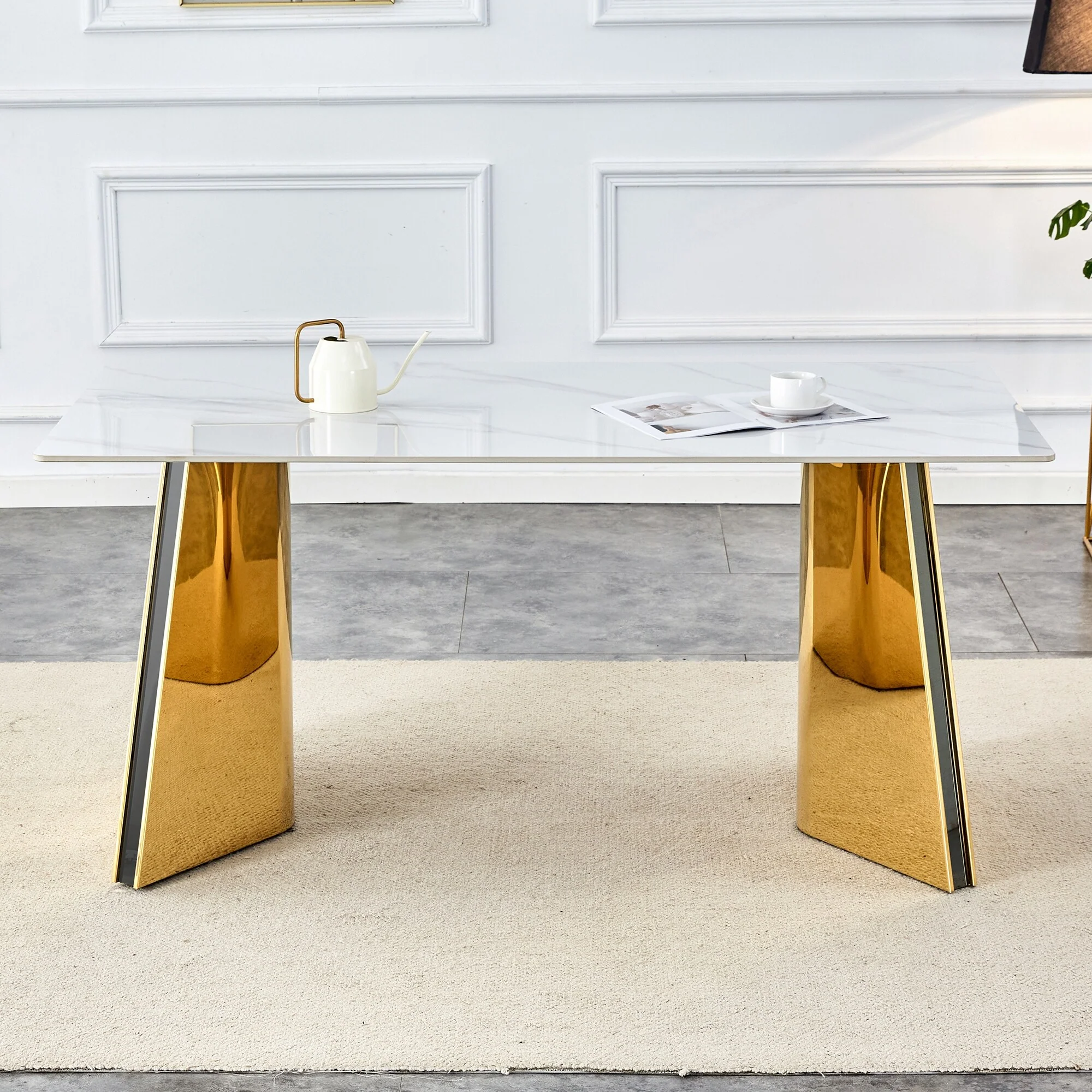 Luxurious Snow Mountain Stone Slab Dining Table with Stainless Steel Butterfly Legs