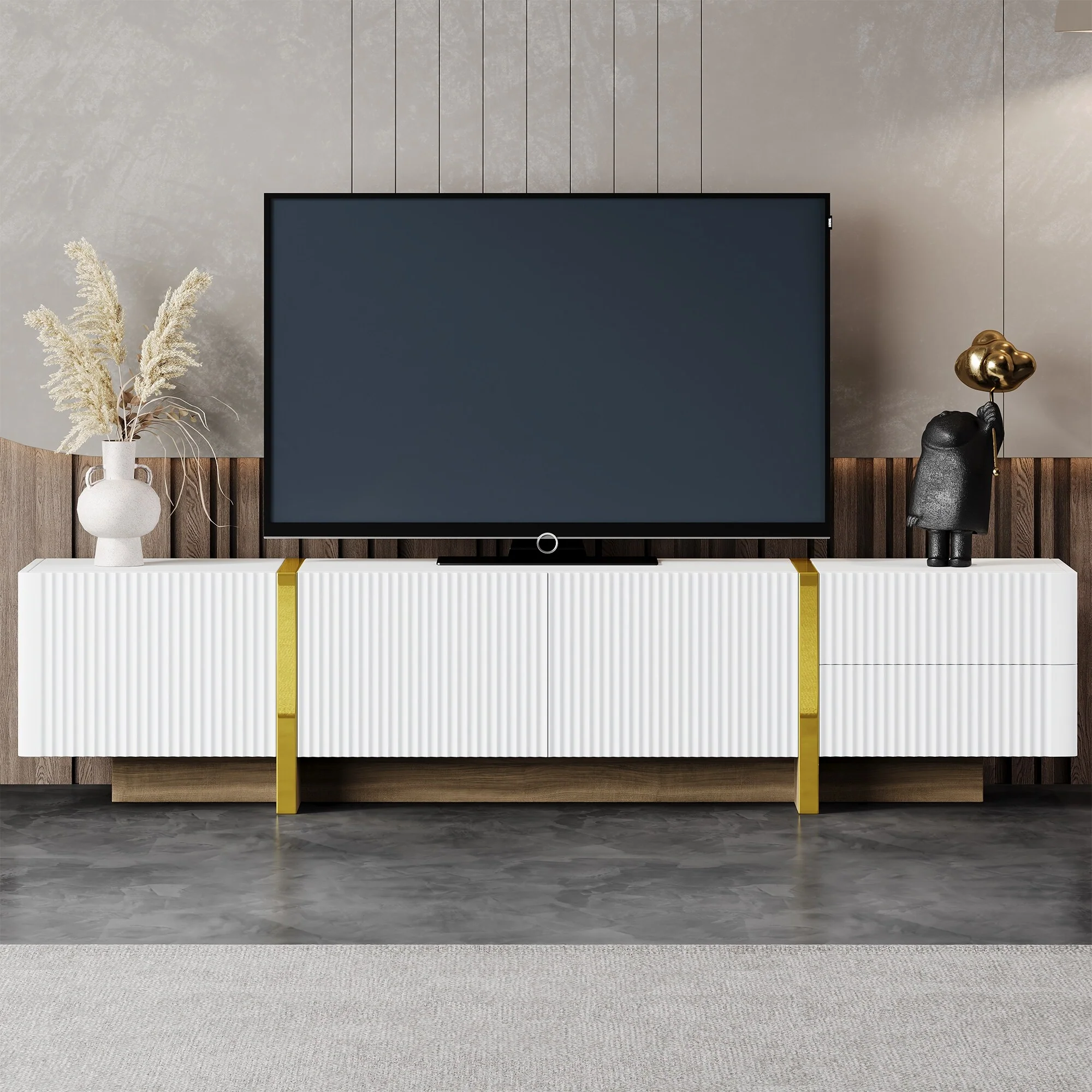White 74 TV Stand with Cabinets, Drawers & Gold Legs for TVs Up to 80