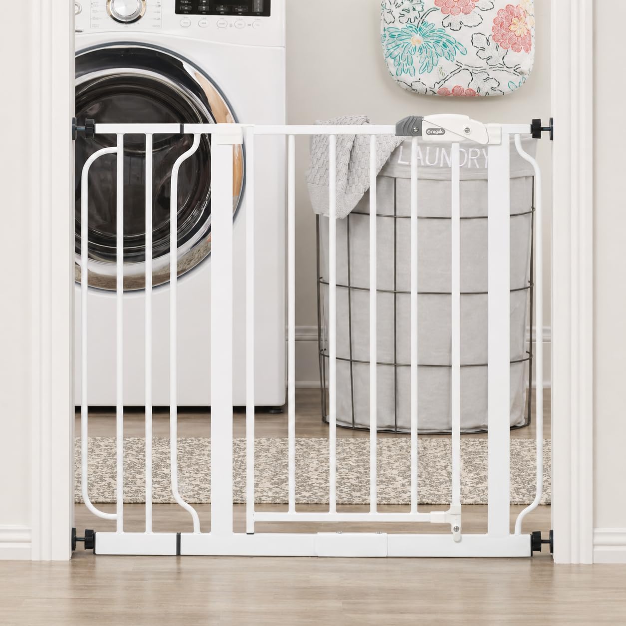 Regalo Safety 29-38.5 Baby Gate for Doorways & Bottom of Stairs, Pressure Mounted Baby Gate with Door for Babies, Toddlers & Pets, Tested & Safe for 30 Years, American Designed, American Owned, White