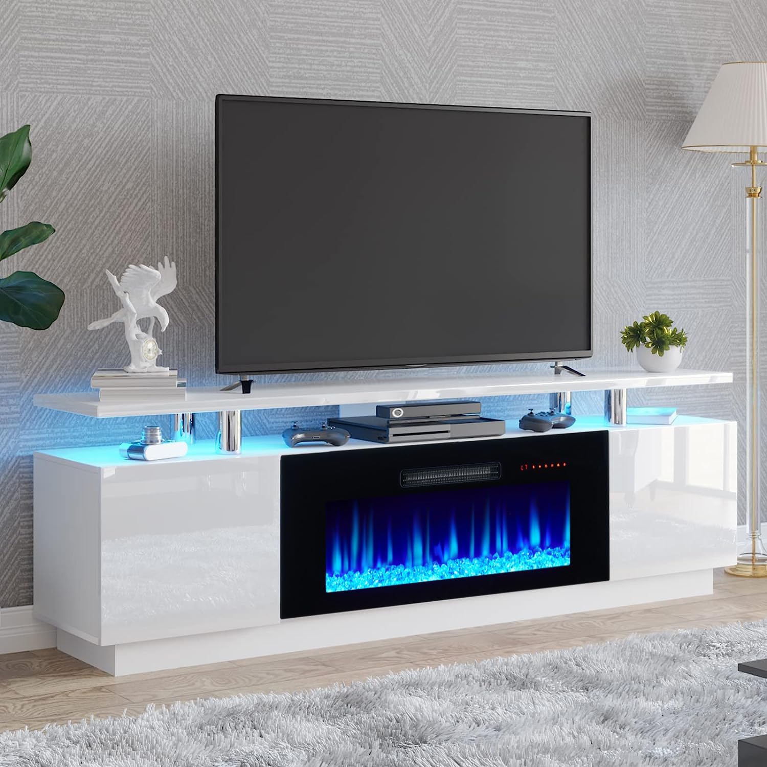 AMERLIFE Fireplace TV Stand with 36 Fireplace, 70 Modern Fireplace Entertainment Center LED Lights, 2 Tier TV Console Cabinet for TVs Up to 80, Ivory White