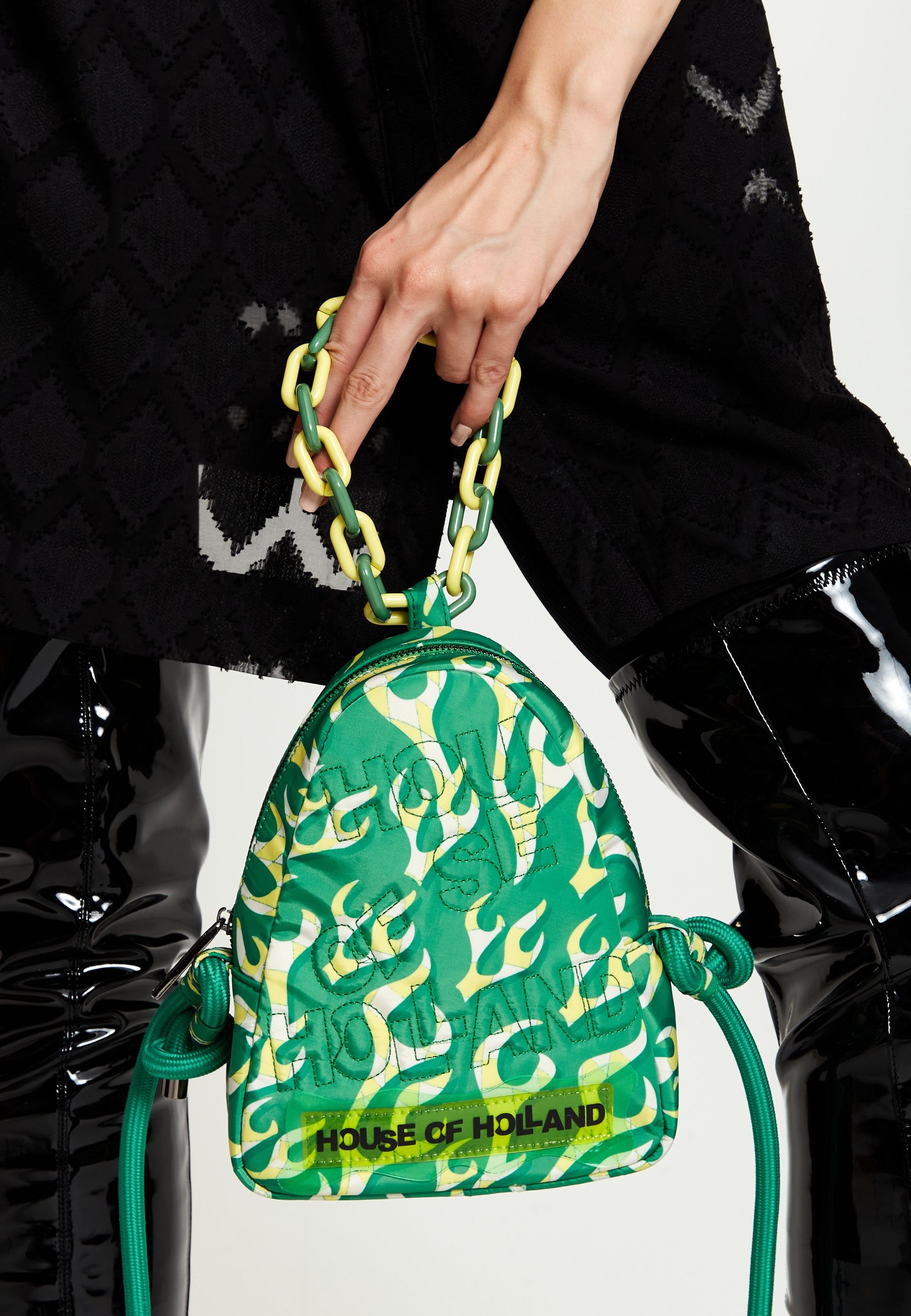 House of Holland Mint Green Flame Bag With Quilted Logo And Chain Detail
