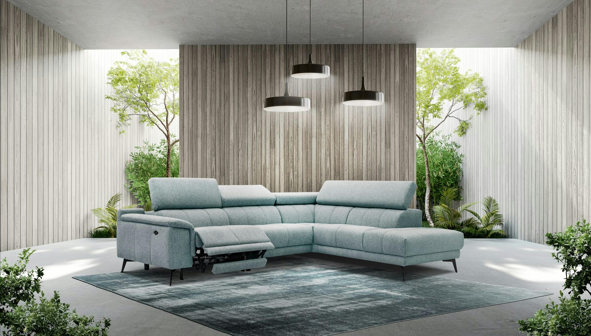 FIERO - Canapé d'angle droit 5 places relax électrique tissu bleu clair