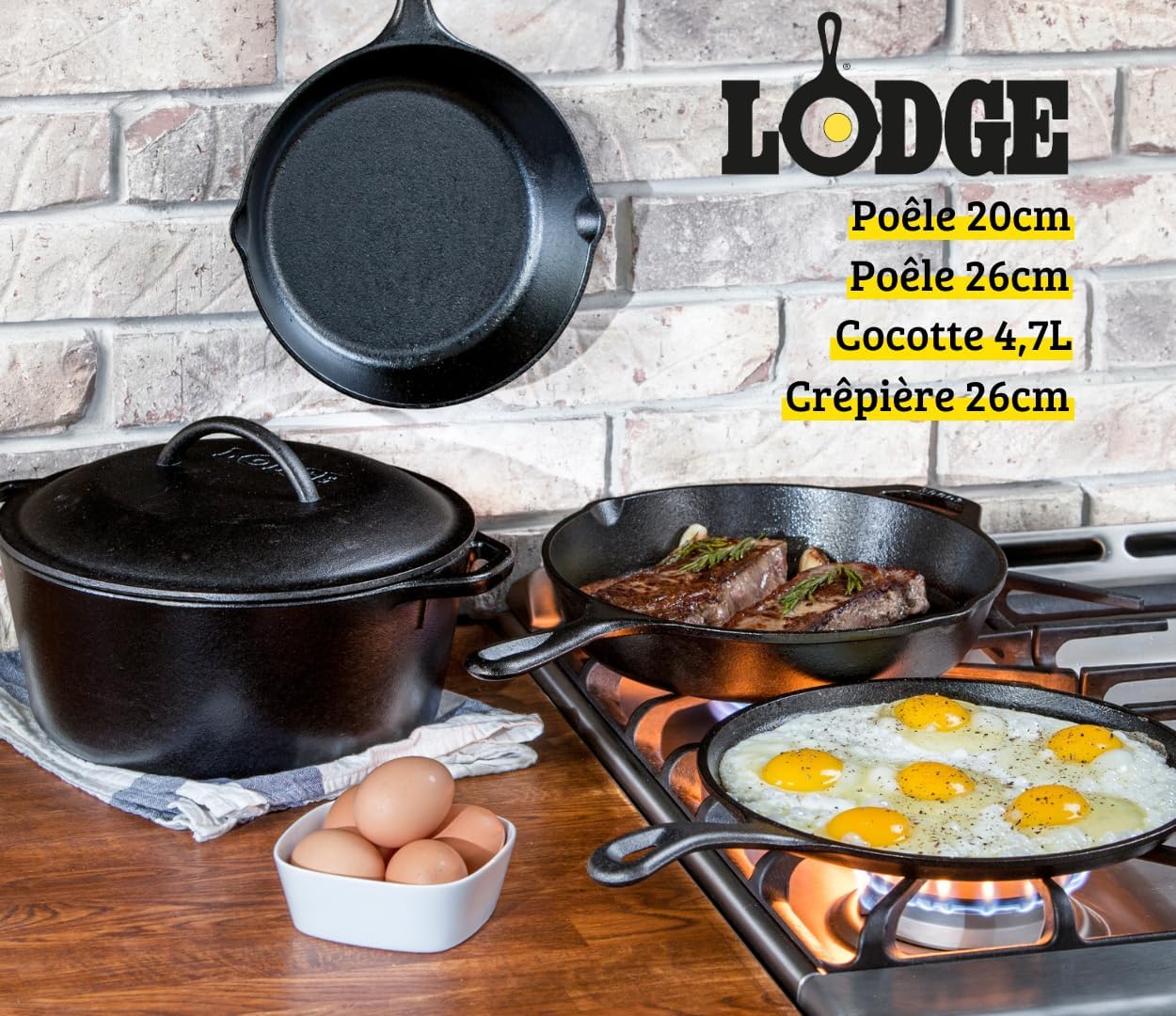 Lodge Cast Iron Set - Pre-Seasoned Kitchen Set - Skillets, Griddle & Dutch Oven Included - PFAS-Free Non-Toxic Cookware - 5-Piece Set