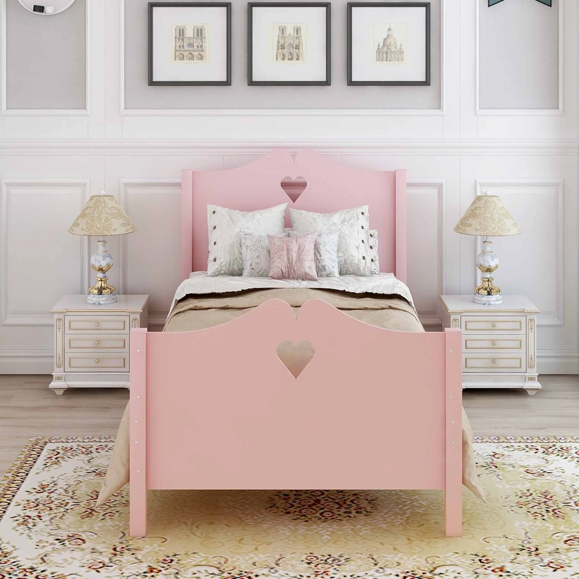 Twin Size Platform Bed with Heart-shaped Decoration Headboard and Footboard, Slat Bed Frame with Wood Slat Support