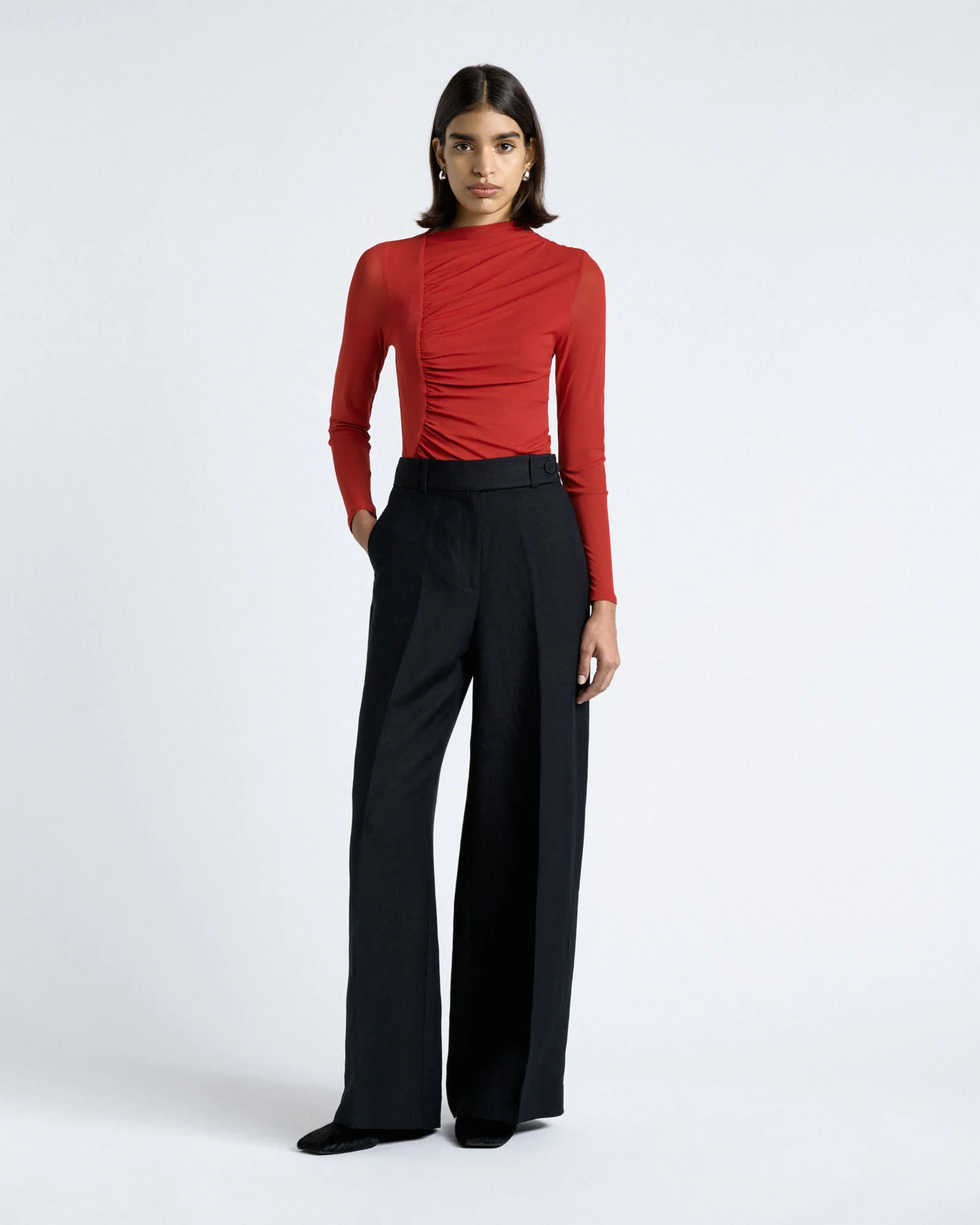 Ruched Mesh Long Sleeve Top