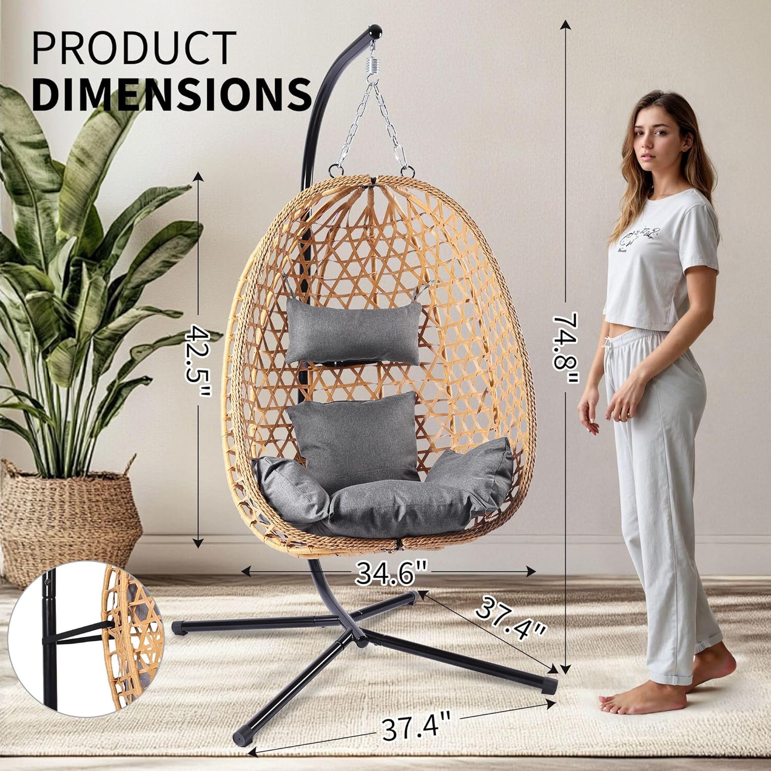 LEX CRAFT Egg Chair with Stand, Patio Wicker Hanging Chair, Hammock Swing Chair, 350LBS Capacity for Bedroom, Balcony, Garden (YE-GR)