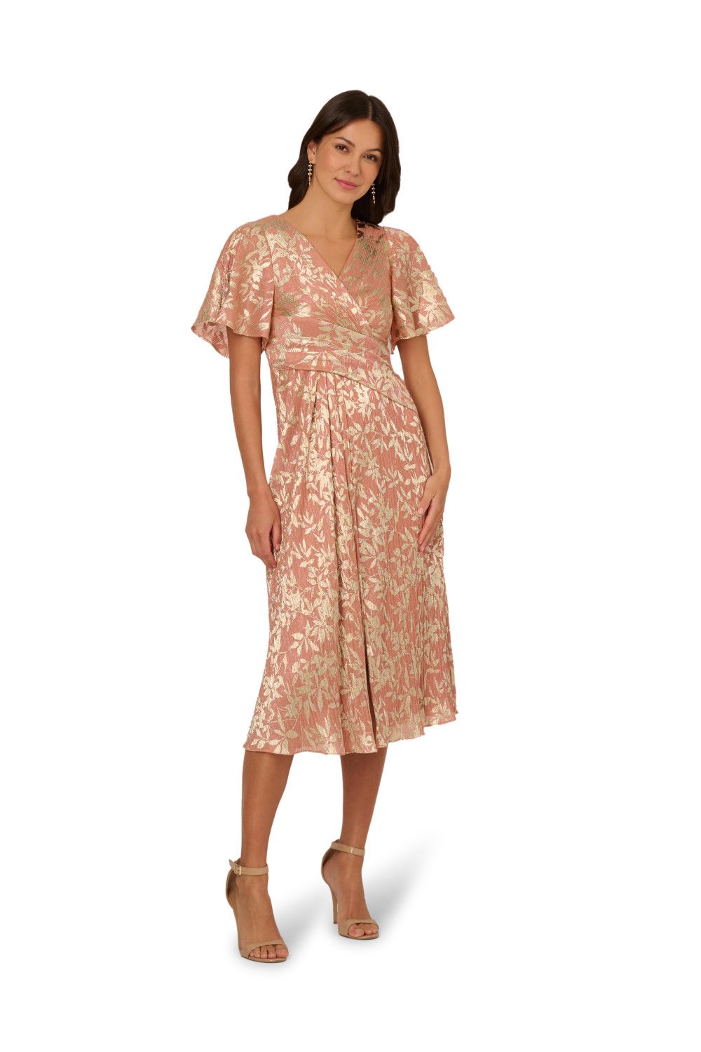 Adrianna Papell Foil Leaf Draped Midi Dress