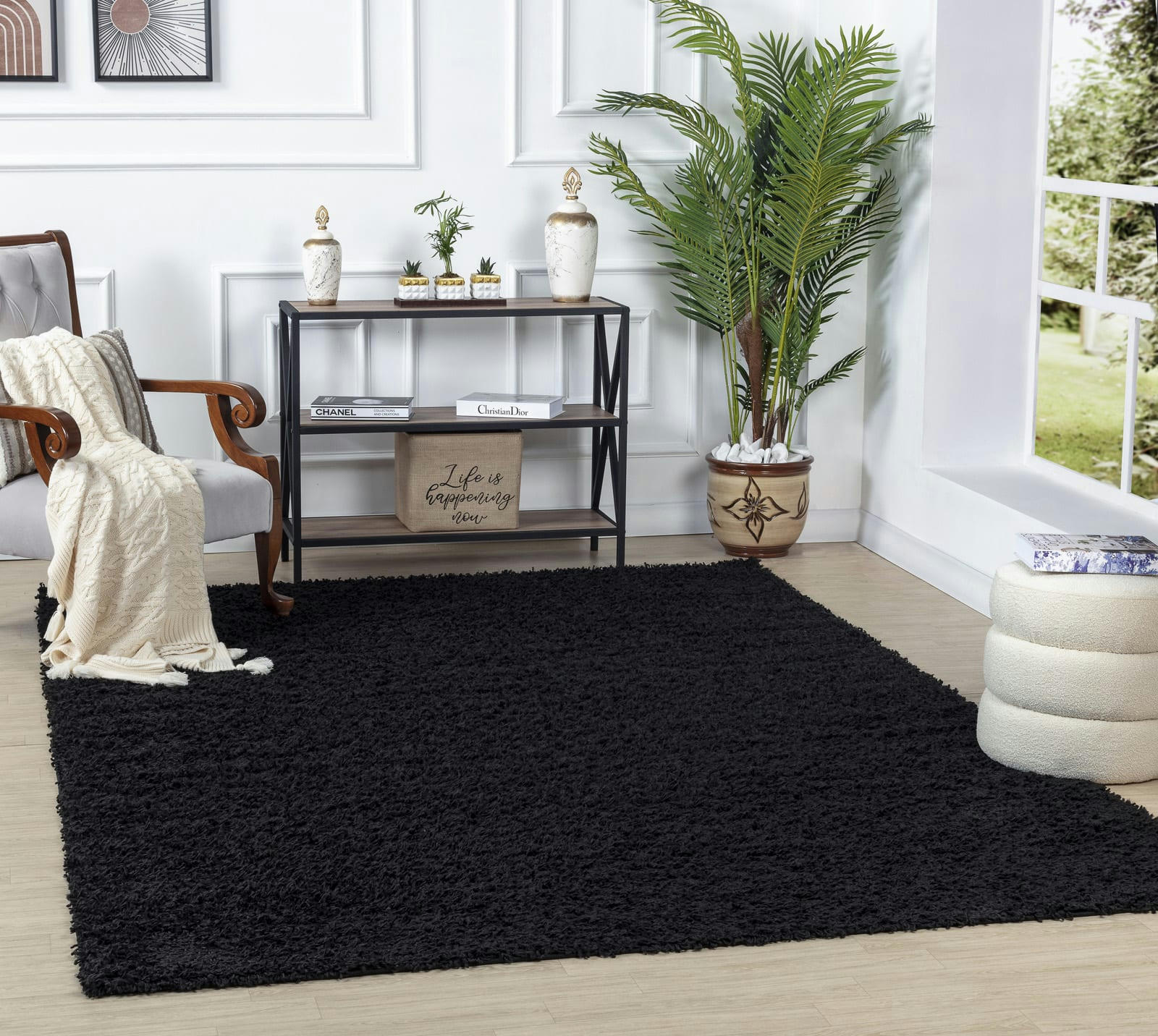 LILLY - Tapis Shaggy Uni Chic Noir 100x200