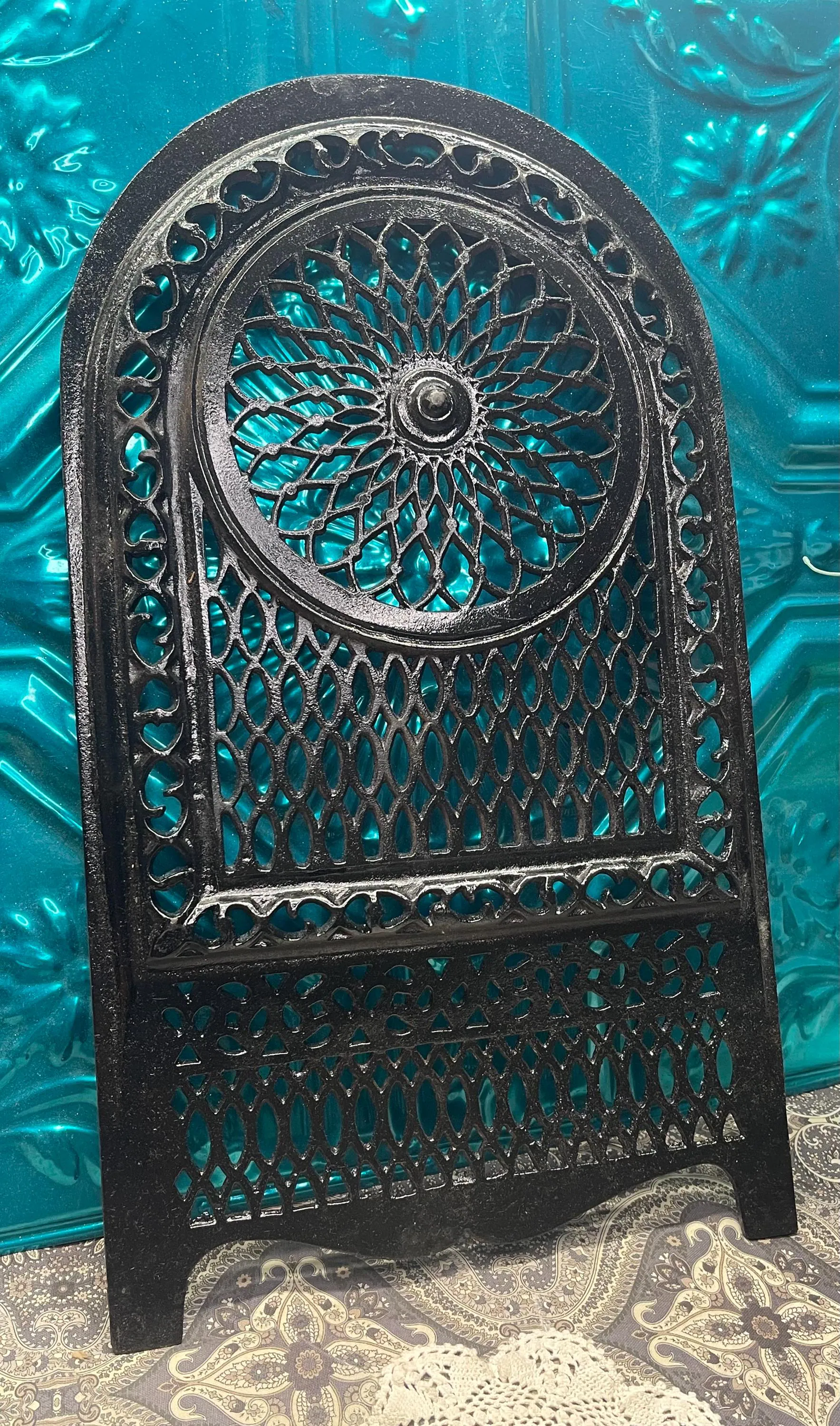 Antique painted cast iron Victorian style fireplace cover- vent cover 8.6 lbs - surface wear to paint - insert cover only repurpose piece
