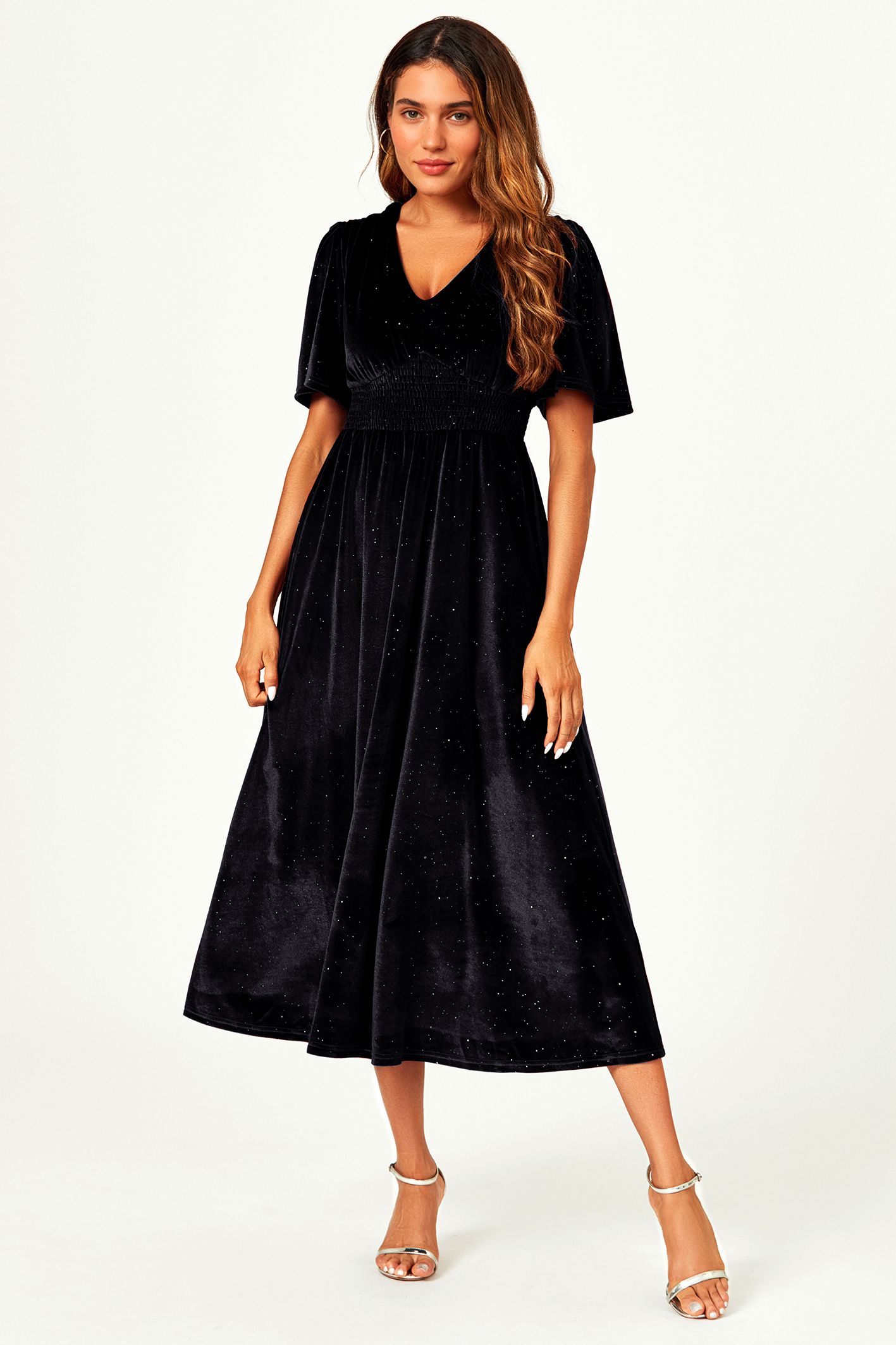 FS Collection Silver Foil V Neck Velvet Midi Dress In Black