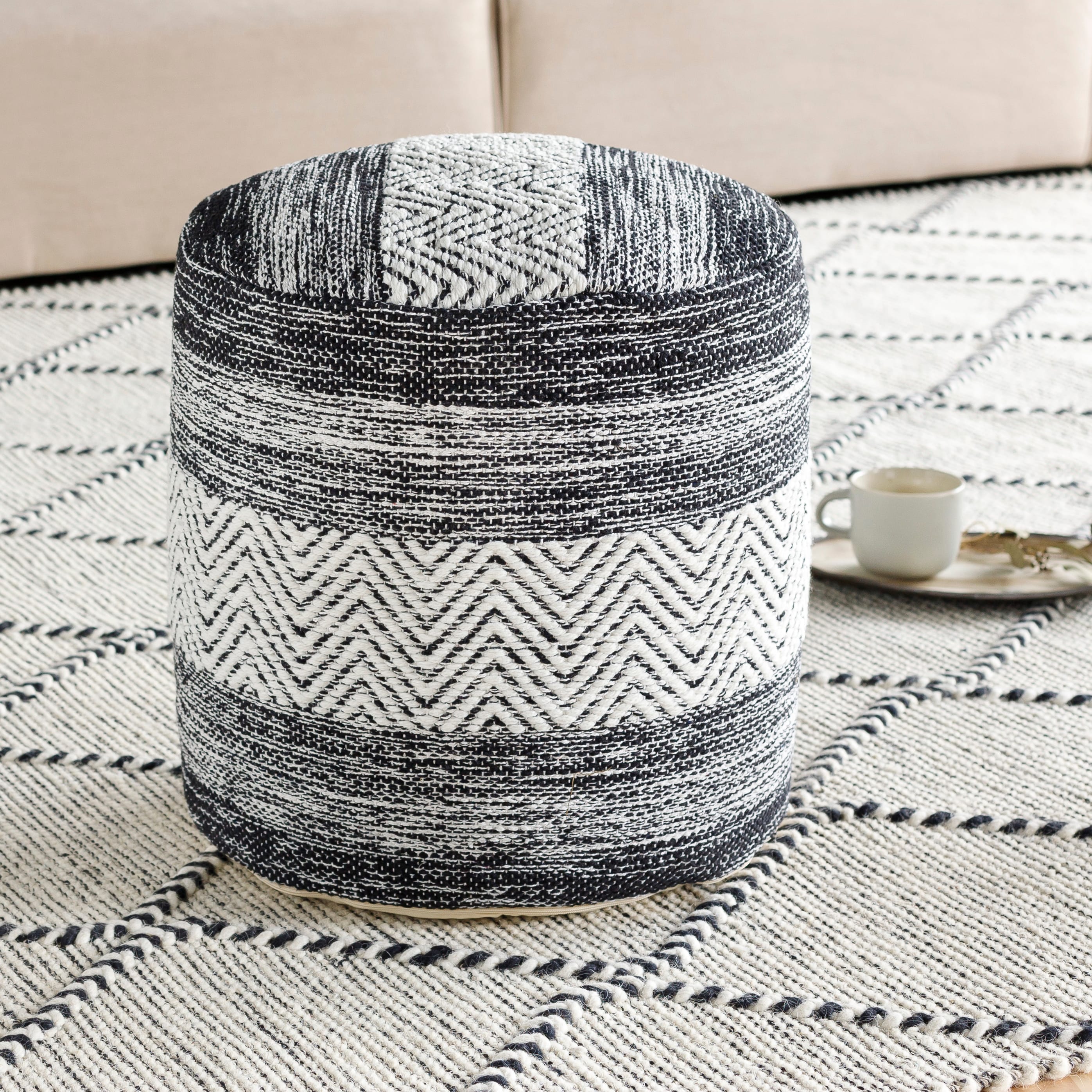 Surya Nessa Woven Heathered Stripe 16-inch Cylinder Pouf