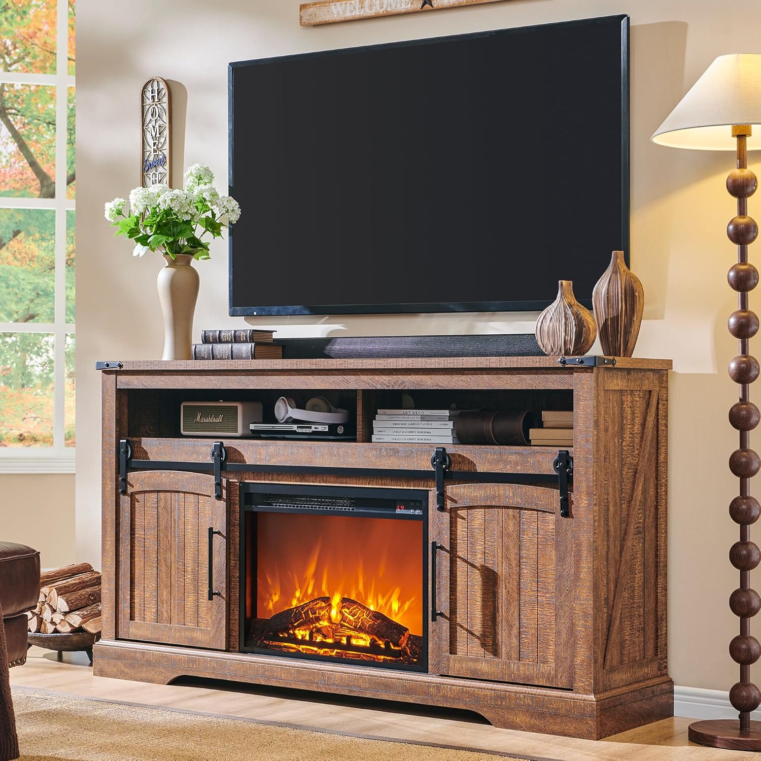 OKD Farmhouse Fireplace TV Stand for 70 Inch TV, 34 Tall Highboy Entertainment Center with 23 Electric Fireplace, Rustic Media Console w/Sliding Arched Door for Living Room,Reclaimed Barnwood