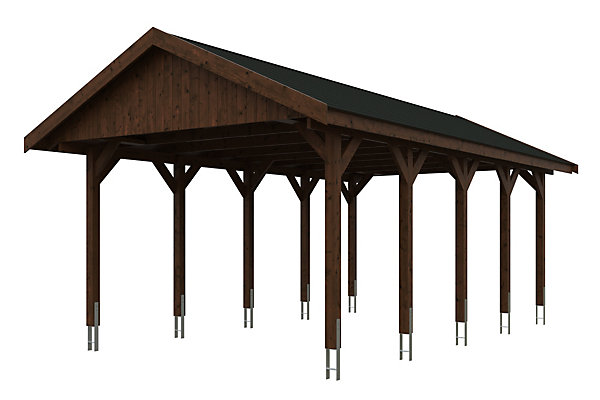 Carport SKAN HOLZ Wallgau 430 x 750 cm, traitement coloré noyer, avec bardeaux noirs