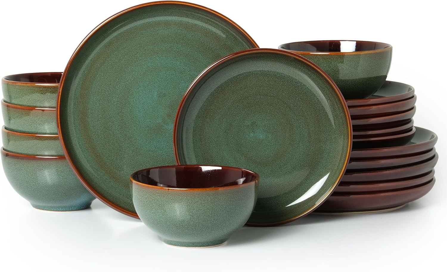 Pokini Stoneware Dinnerware Sets for 6, Microwave Safe Plate and Bowl Set, Easy to Clean & Durable Dishes Sets for Small to Medium Families, Sage Green