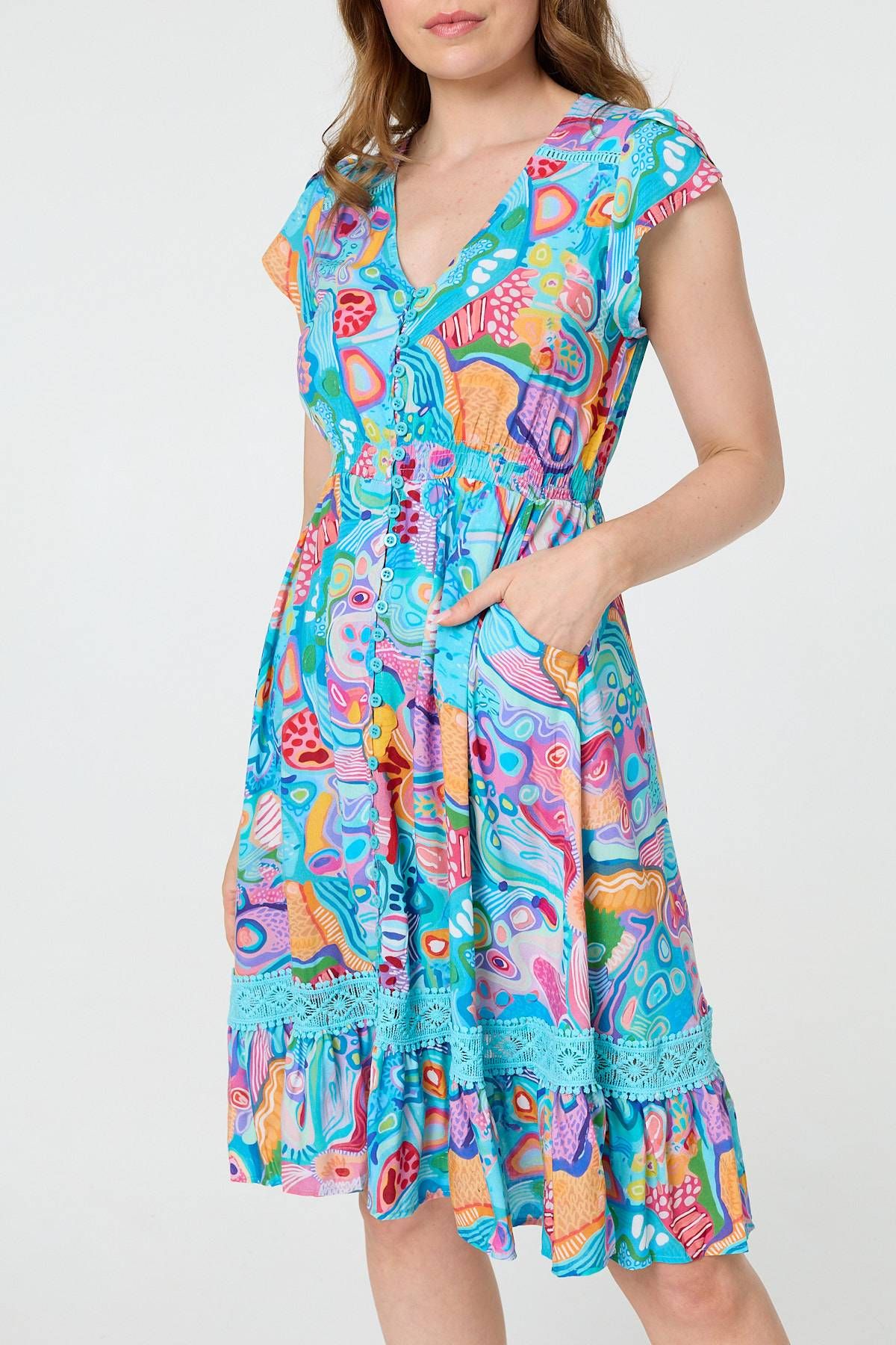 Izabel London Abstract Shirred Lace Trim Midi Dress