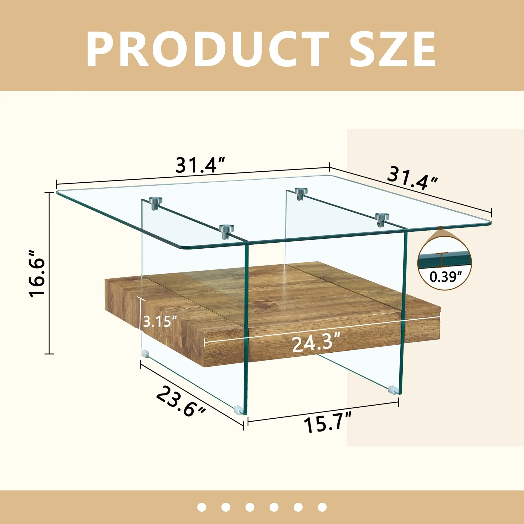 Modern Two-Tier Square Coffee Table -Elegant Combination Of Glass And Wood Texture Sticker