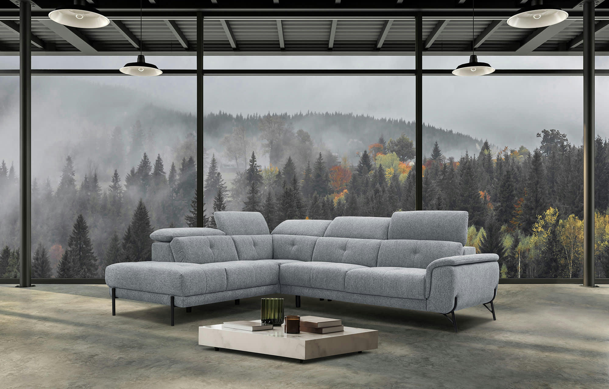 AVENA - Canapé d'angle gauche  5 places en tissu gris clair