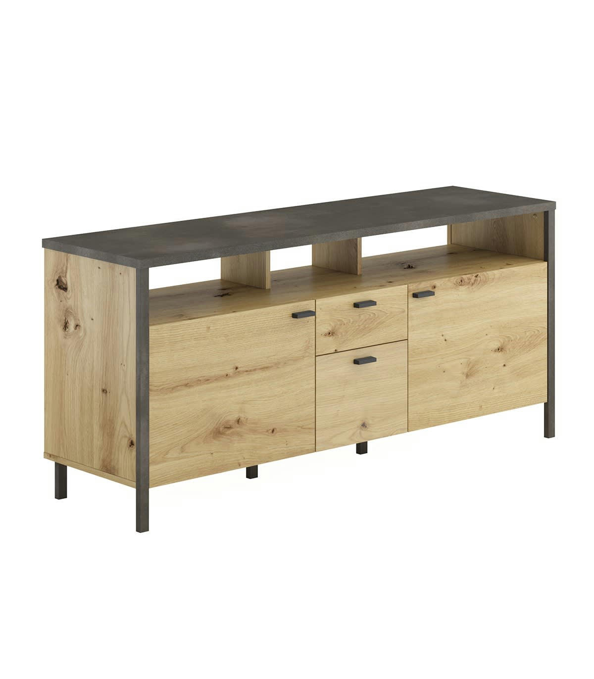 LOFT - Meuble TV Industriel 2 Portes 2 Tiroirs L143 cm - Chêne et noir