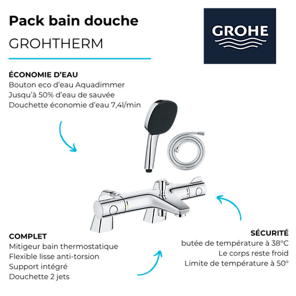 Pack mitigeur bain douche thermostatique GROHE Grohtherm 800   douchette carré2 jets   flexible