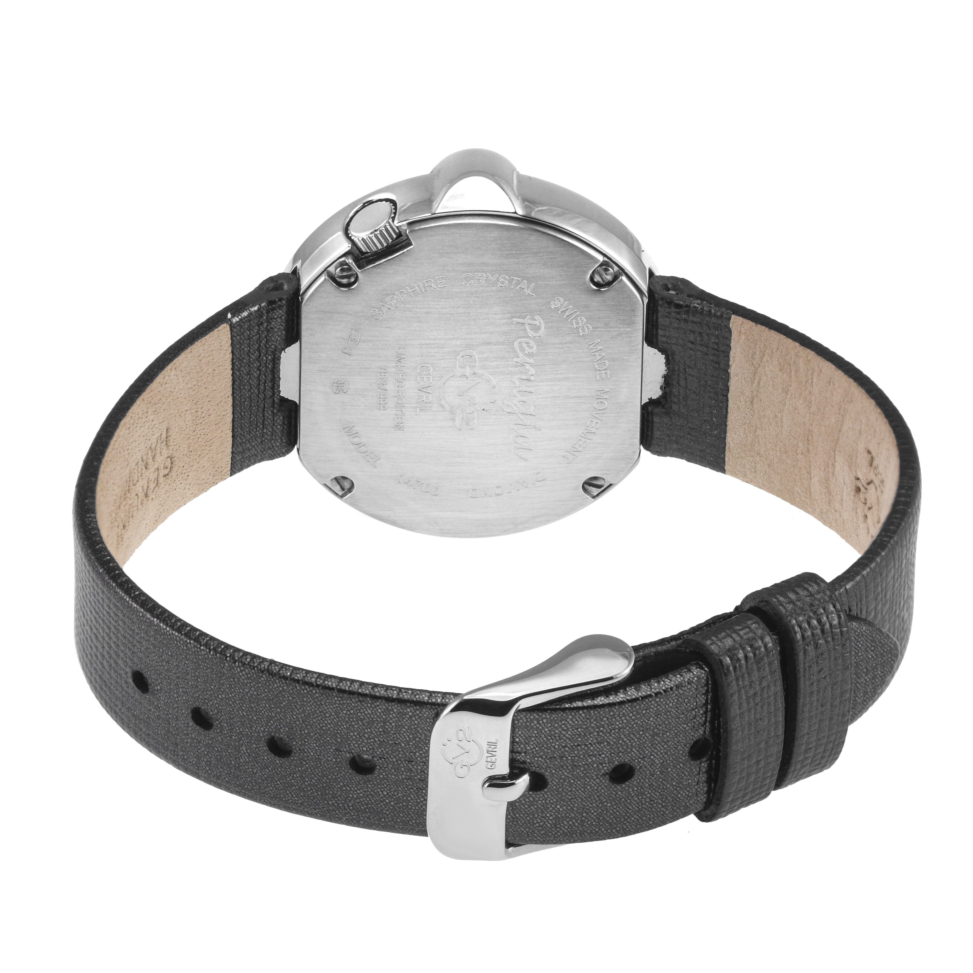 GV2 Perugia Diamond Watch Silver/White Dial, Genuine Safiano Black Handmade Leather Strap