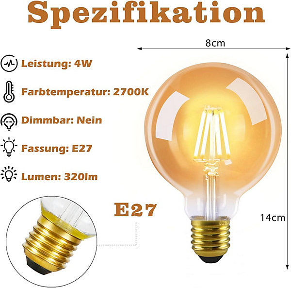 NETTLIFE Pack de 6 ampoules LED E27 lampe vintage - ampoules à filament blanc chaud G80 2700K 4W