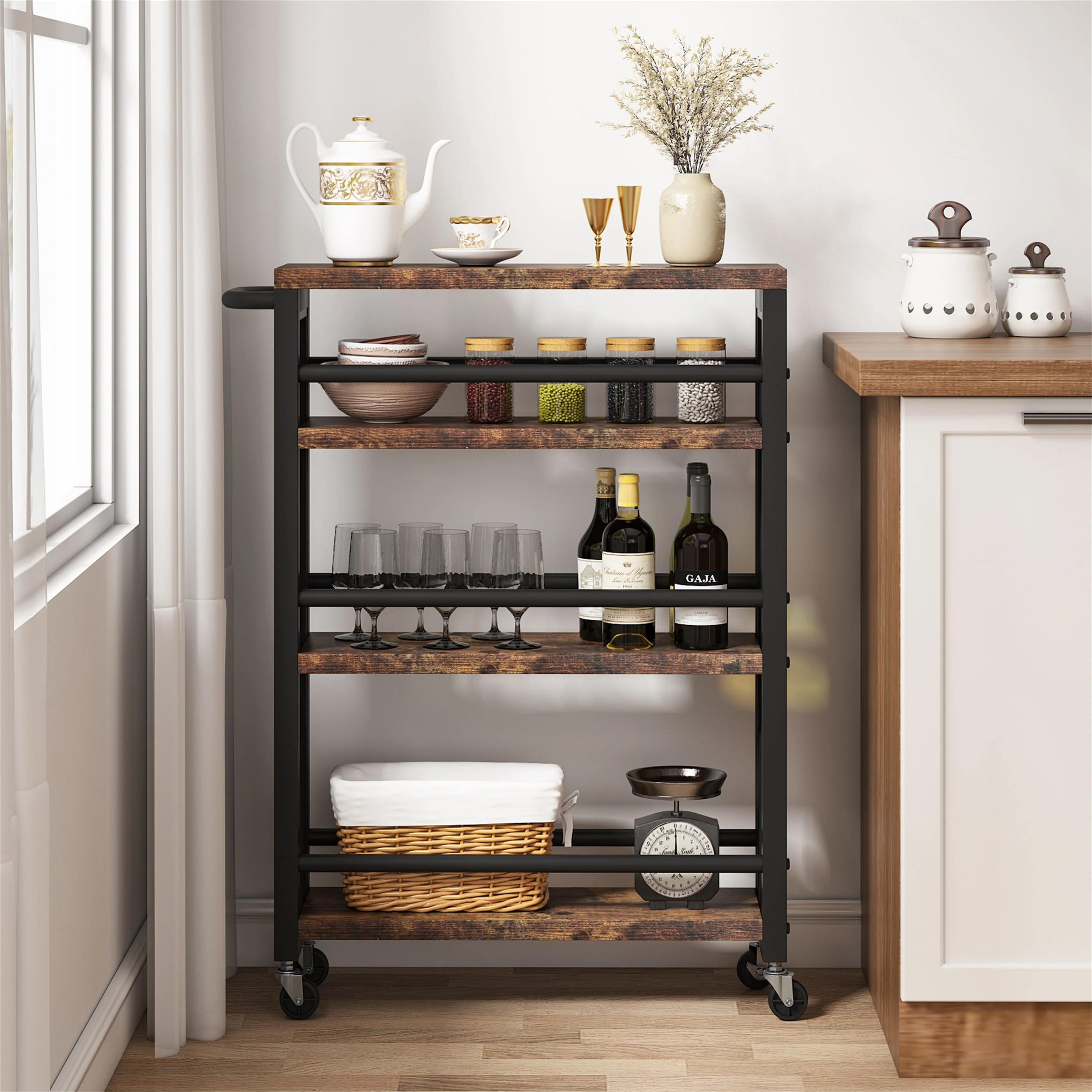 Brown Narrow Rolling Kitchen Storage Cart with Wheels, 4 Tiers Slim Serving Trolley Utility Carts with Handle for Small Space