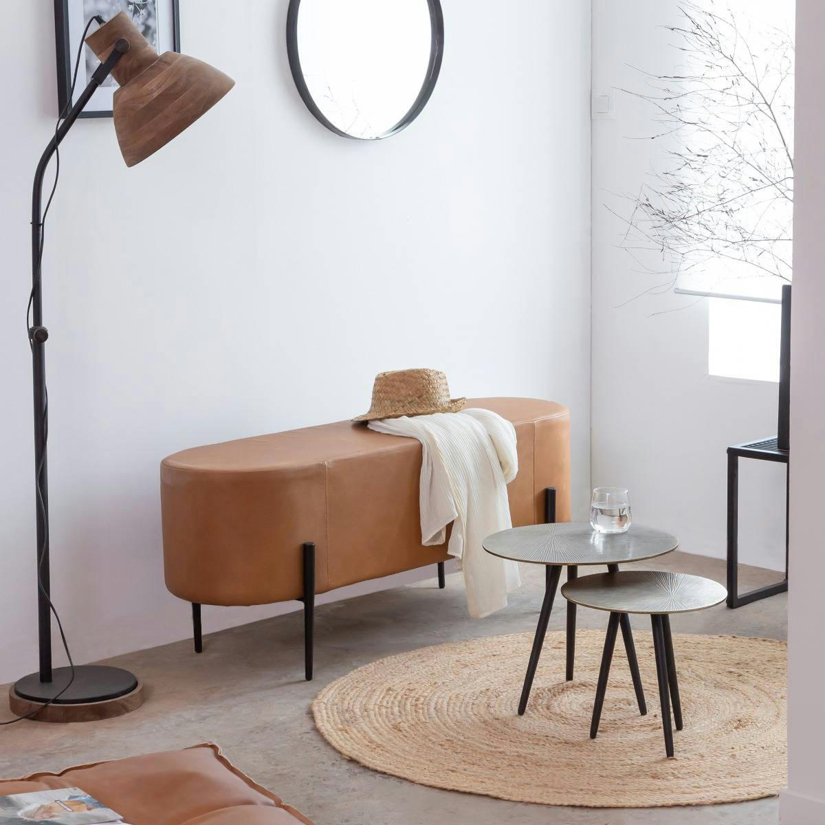 - Banc en cuir et croûte de cuir marron 120 cm