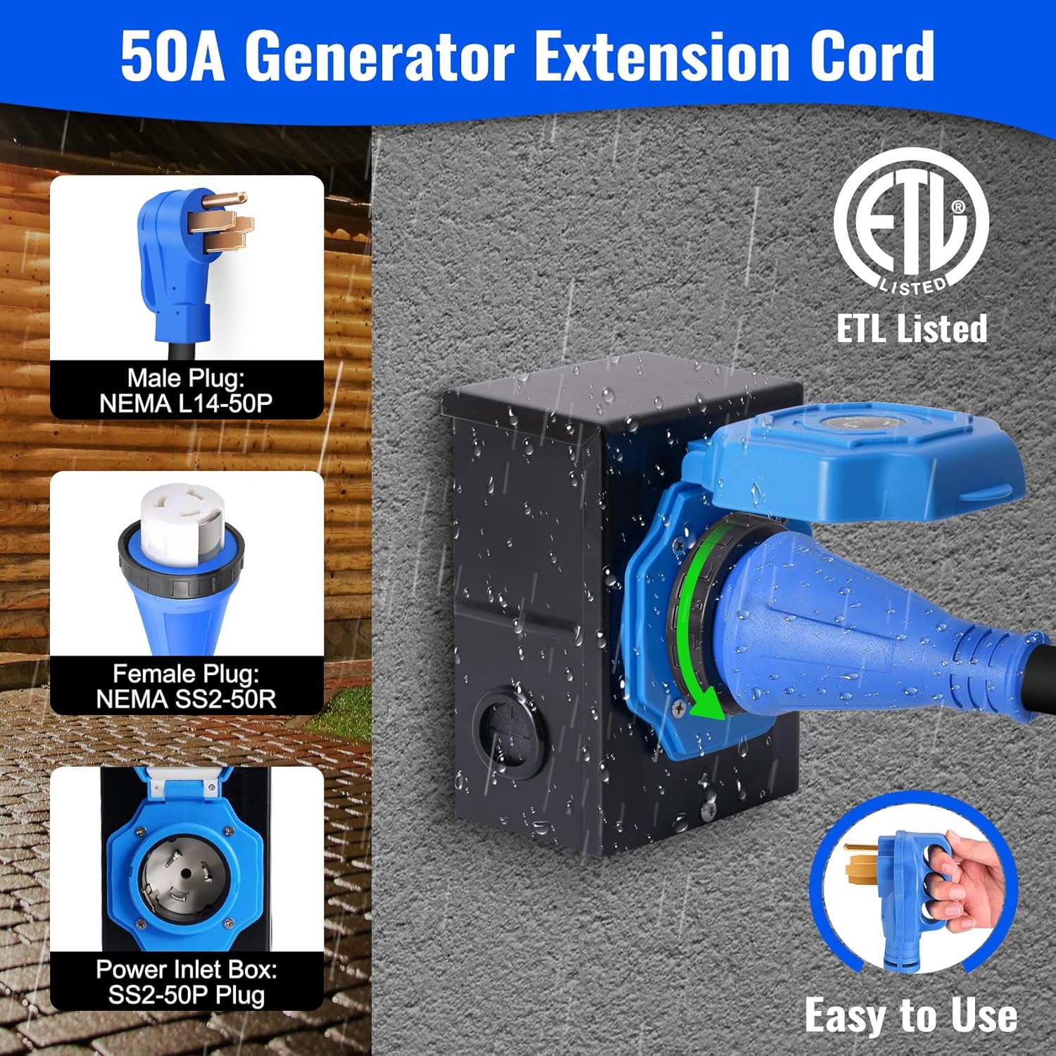 Seeutek 50 Amp Generator Cord  4 Prong 30 FT Generator Extension Cord with Pre-drilled Power Inlet Box & Interlock Kit  NEMA 14-50P/SS2-50P Functional Cable  High Conductivity  ETL Listed