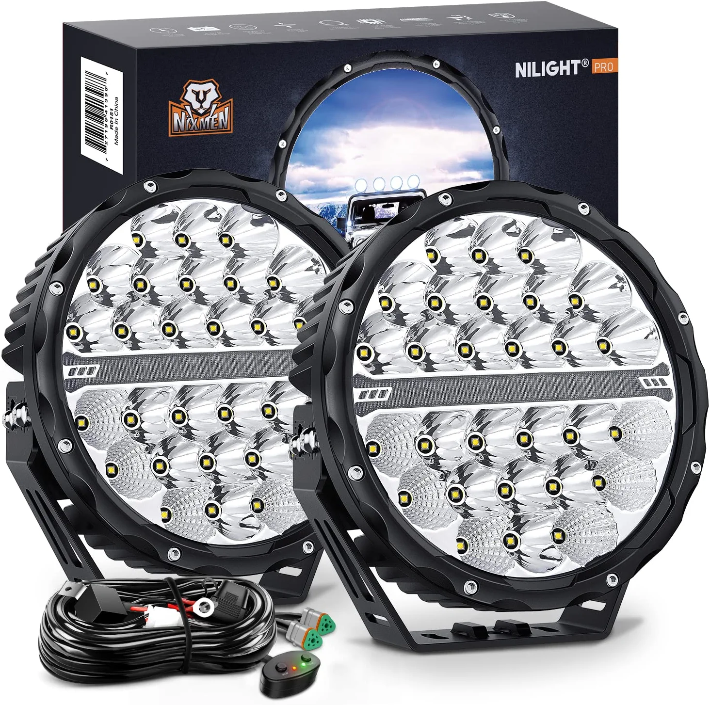 9-inch round off-road LED drive light, 2PCS 140W 15560LM IP68 multi-point floodlight combination work light, 12AWG DT connector harness kit for 4x4 Jeep Truck ATV UTV SUV, 5-year warranty