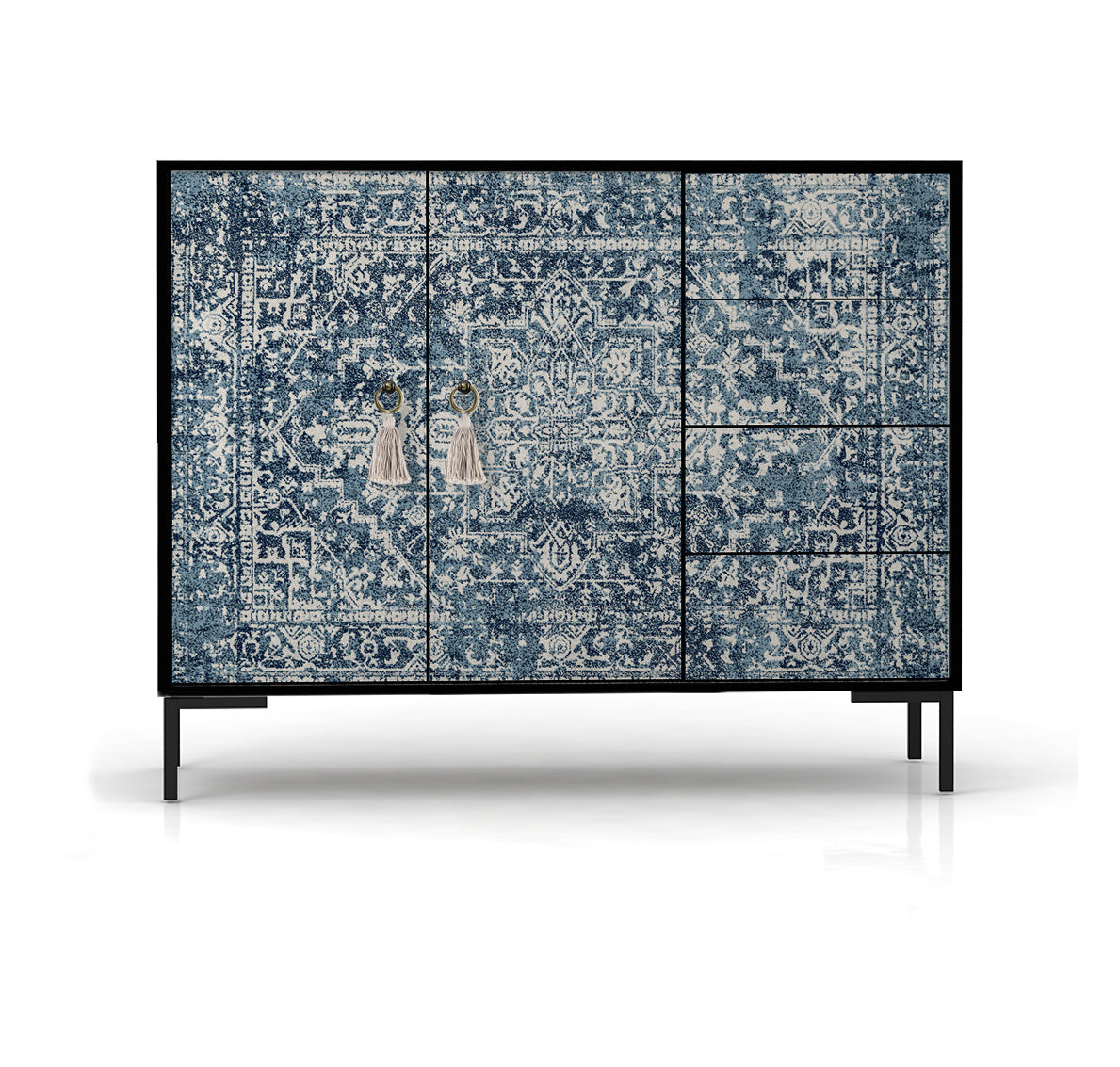 Laag dressoir met 2 deuren en 4 laden van MDF met Blauw vintage tapijt patroon