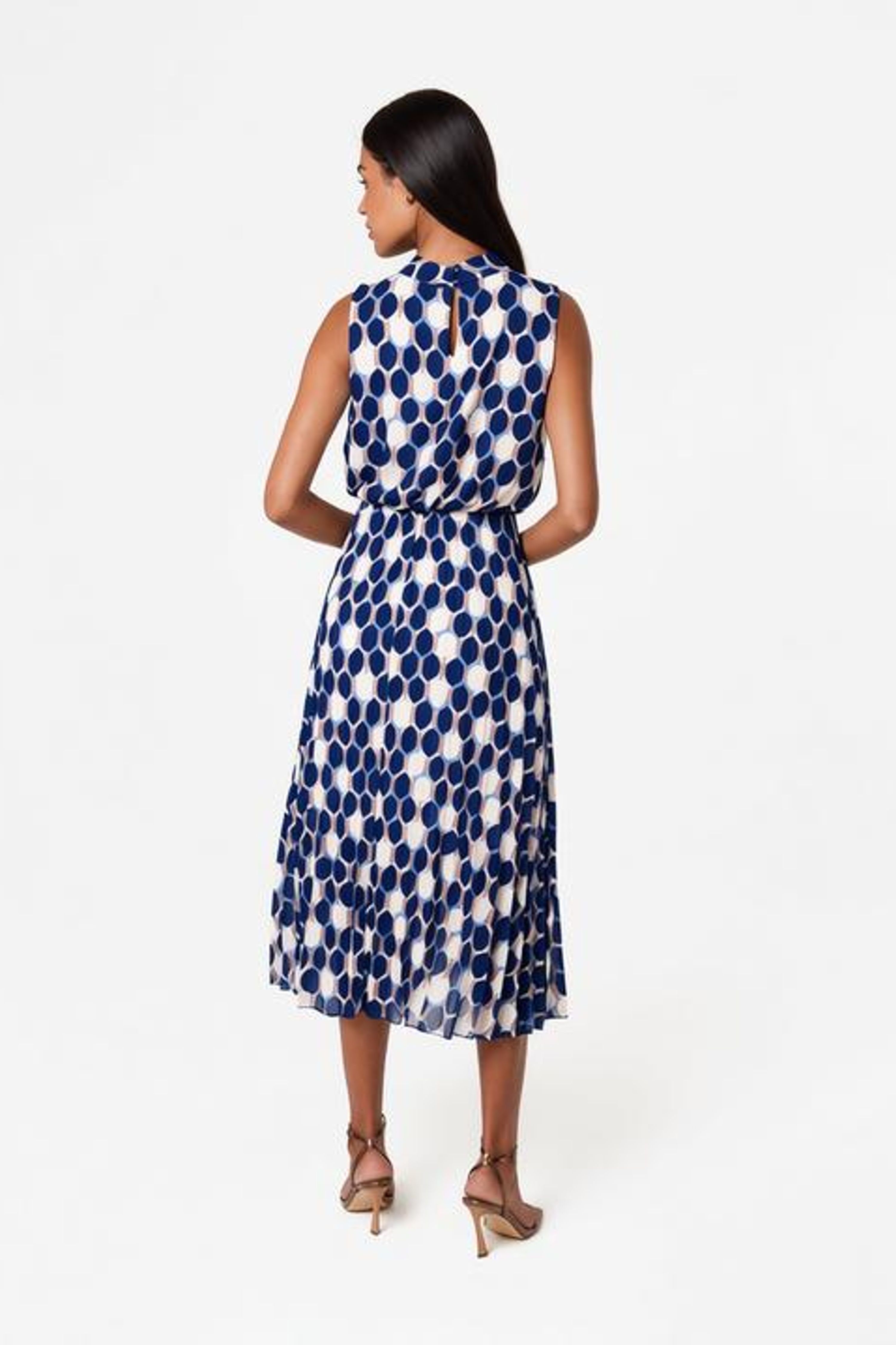 Blue Vanilla Navy High Neck Geometric Print Pleated Dress