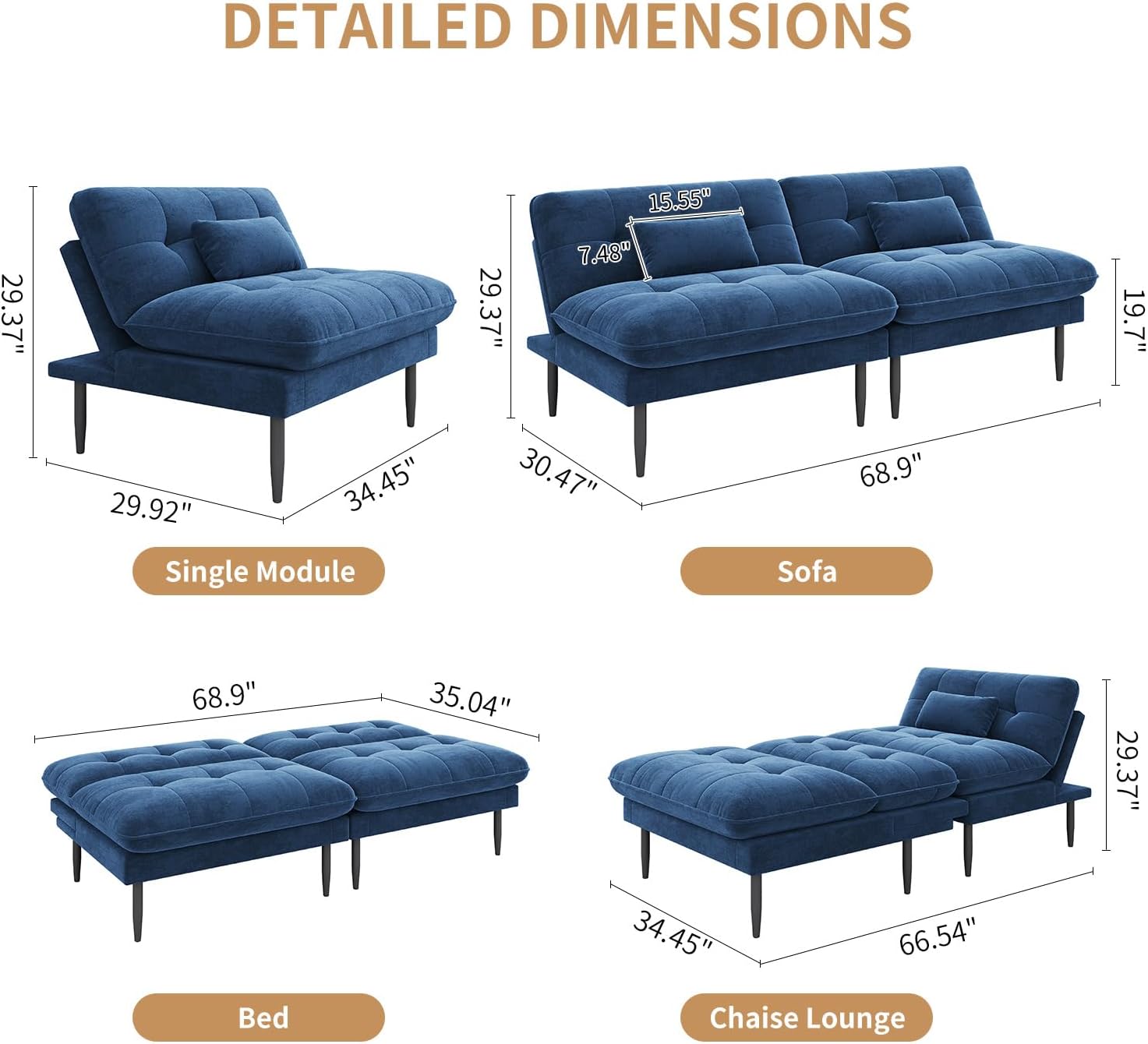 NEDYO 70 inch Convertible Futon Sofa Bed, Velvet Sleeper Sofa with Adjustable Backrest, Thick Fill and Convertible Modules, 4 in 1 Loveseat Couch for Living Room, Blue