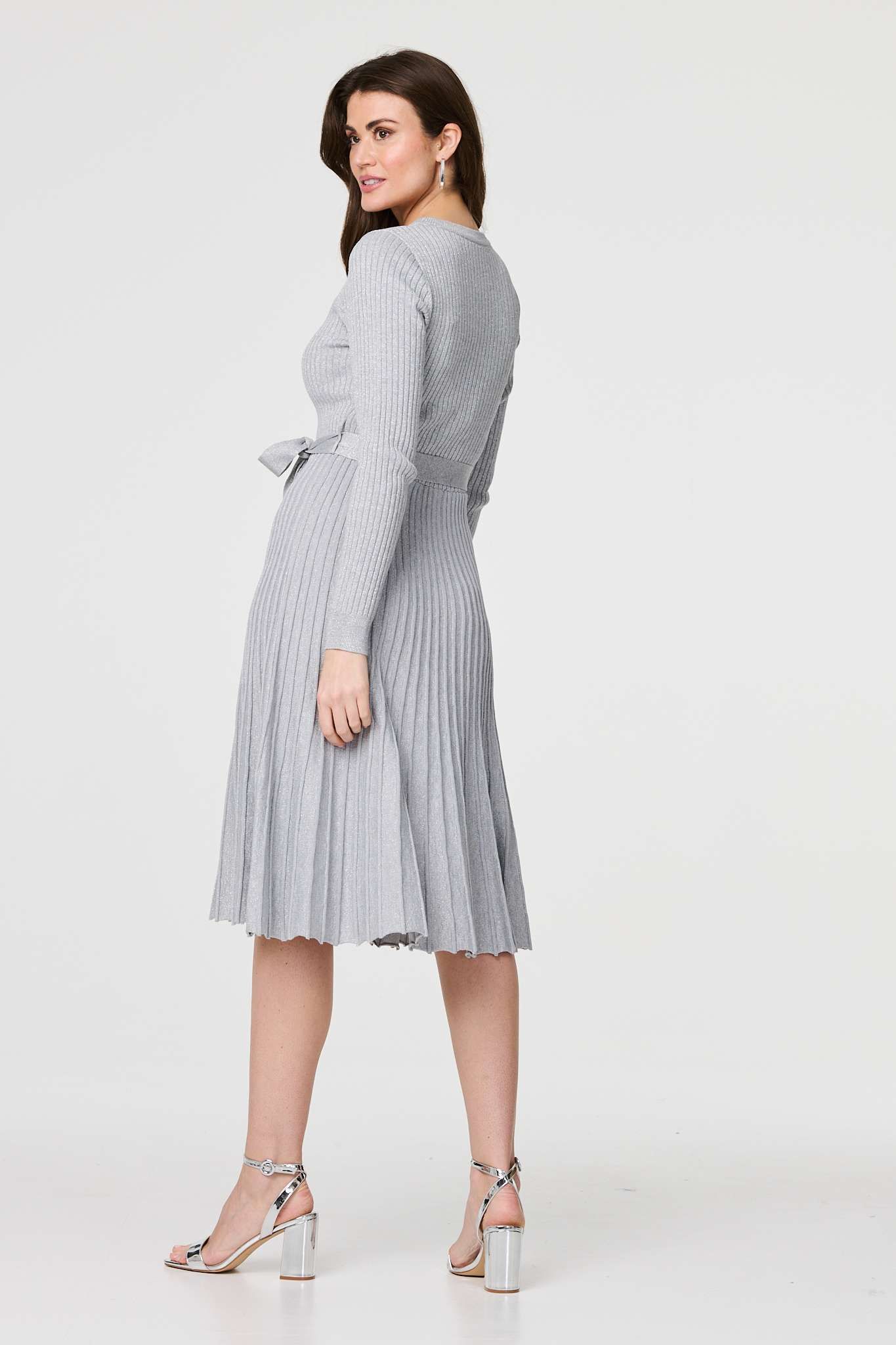Izabel London Pleated Tie Waist Ribbed Knit Midi Dress
